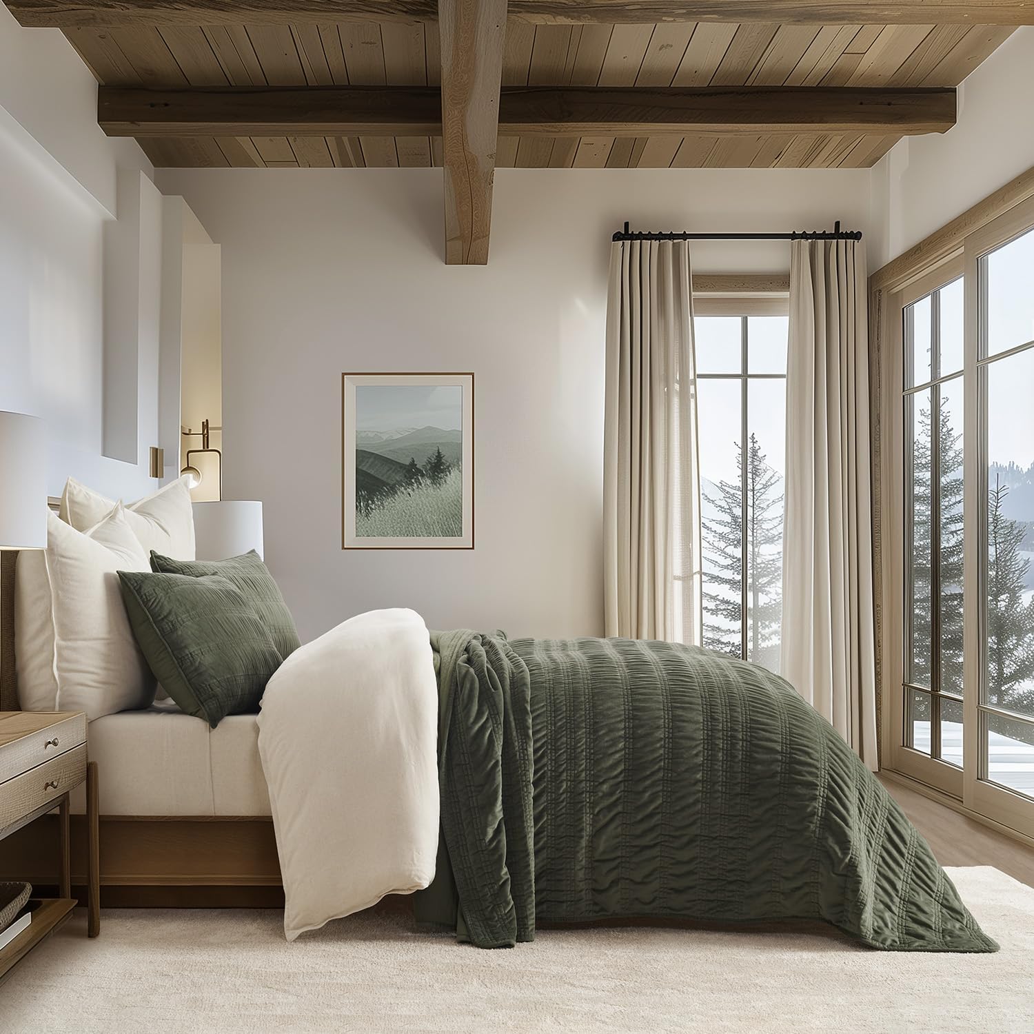 EVERGRACE Velvet Quilt Set Olive Green