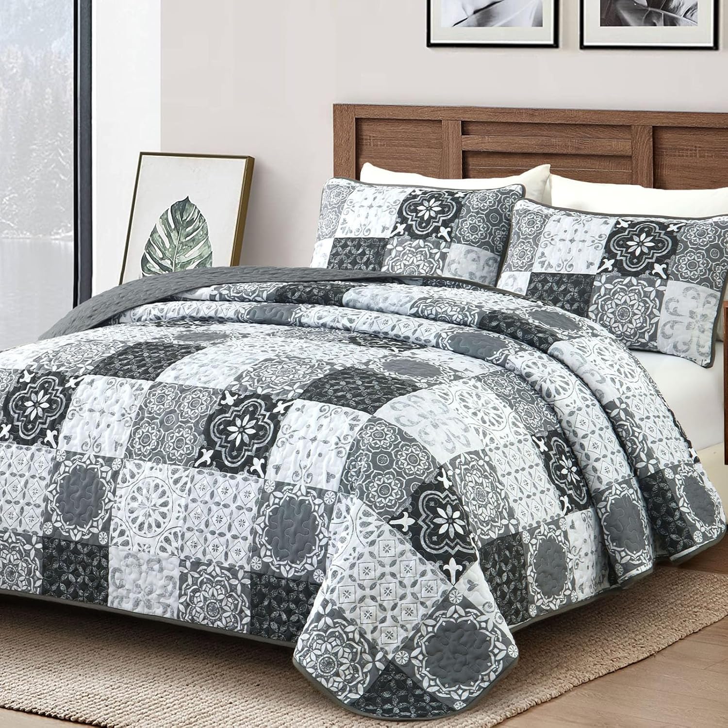 Dobuyly Boho Patchwork Cal King Quilt Set Grey Black 3-Piece Microfiber