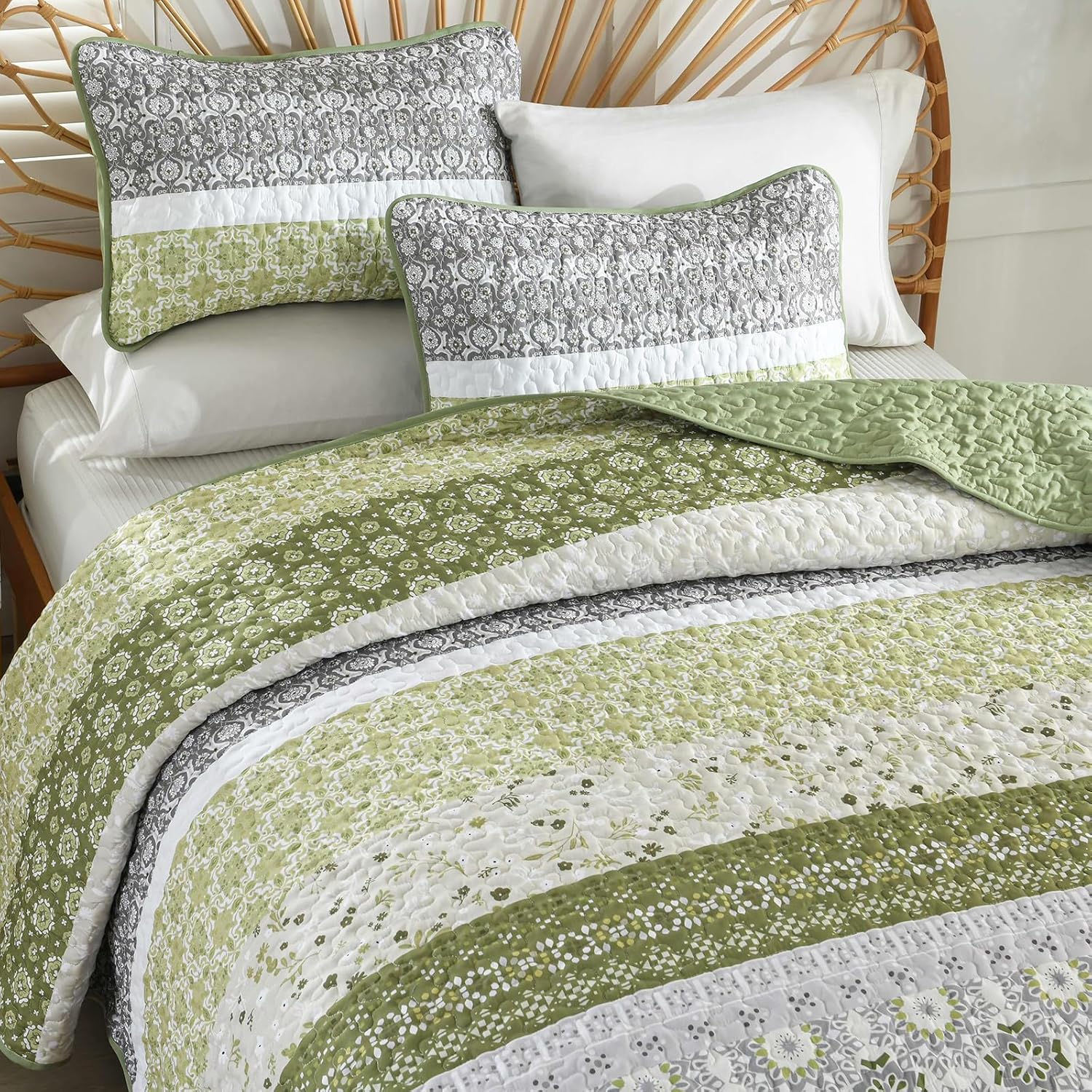 WONGS BEDDING Boho Quilt Set Queen Size Olive Green