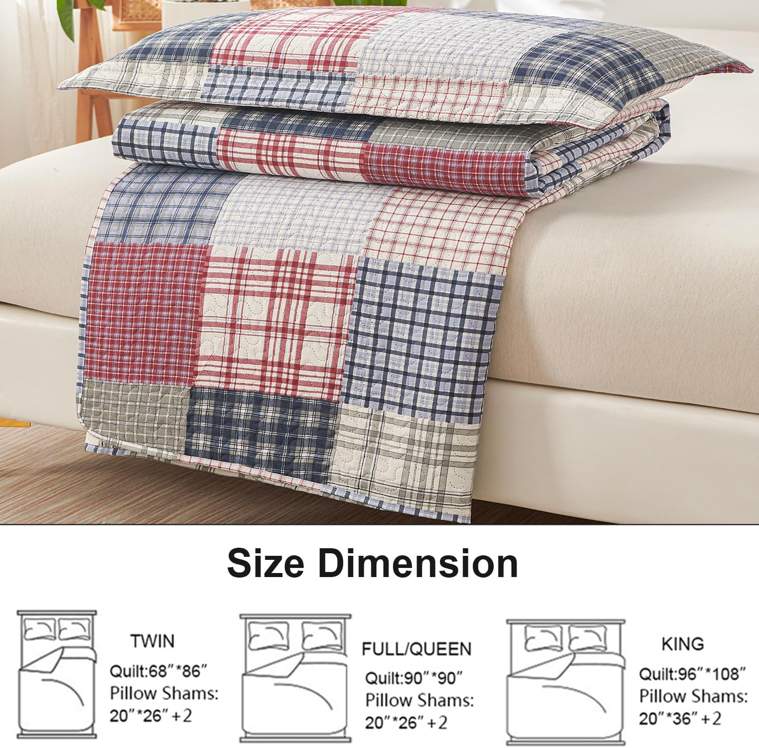 Ycosy King Size Plaid Quilt Set with 2 Pillow Shams 1