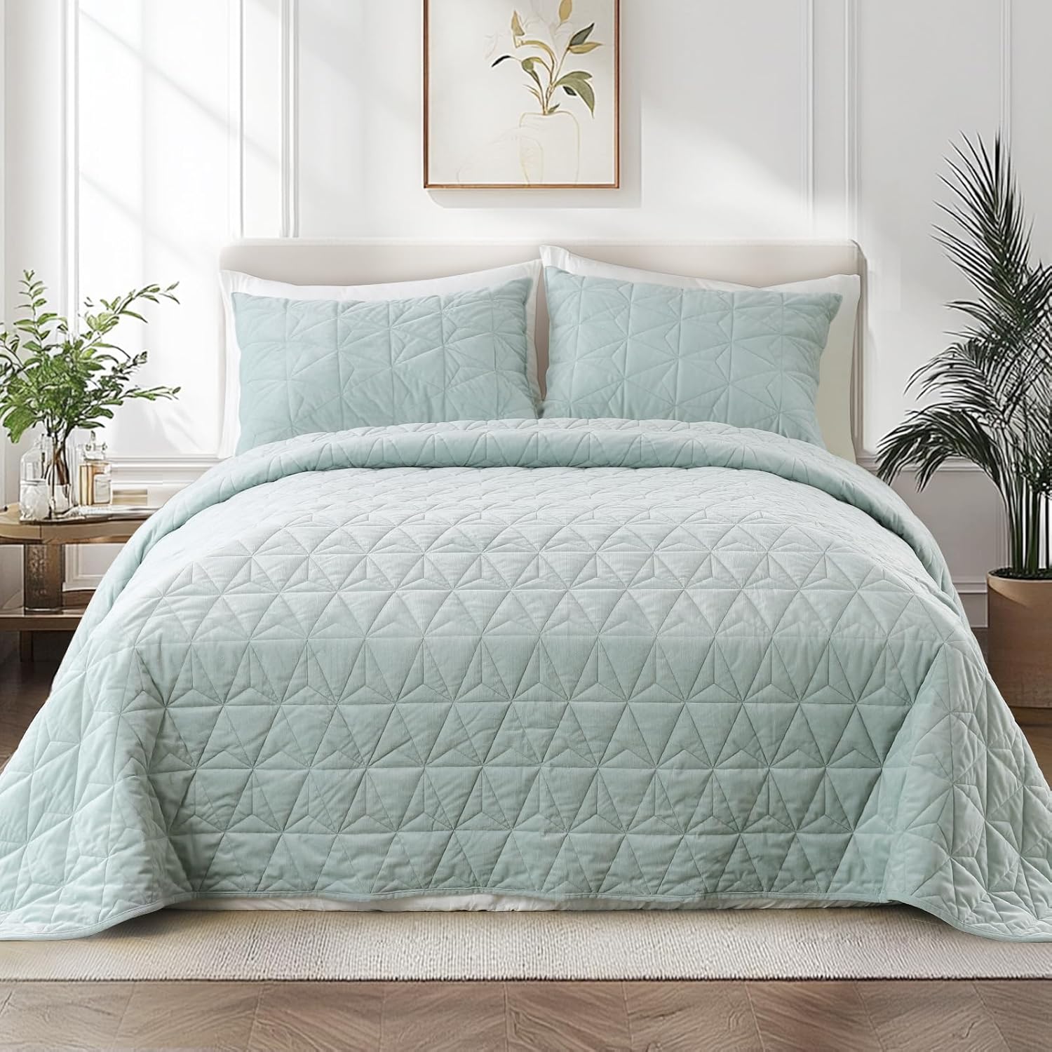 KASENTEX Velvet Oversized Cal King Quilt Set Mint Green