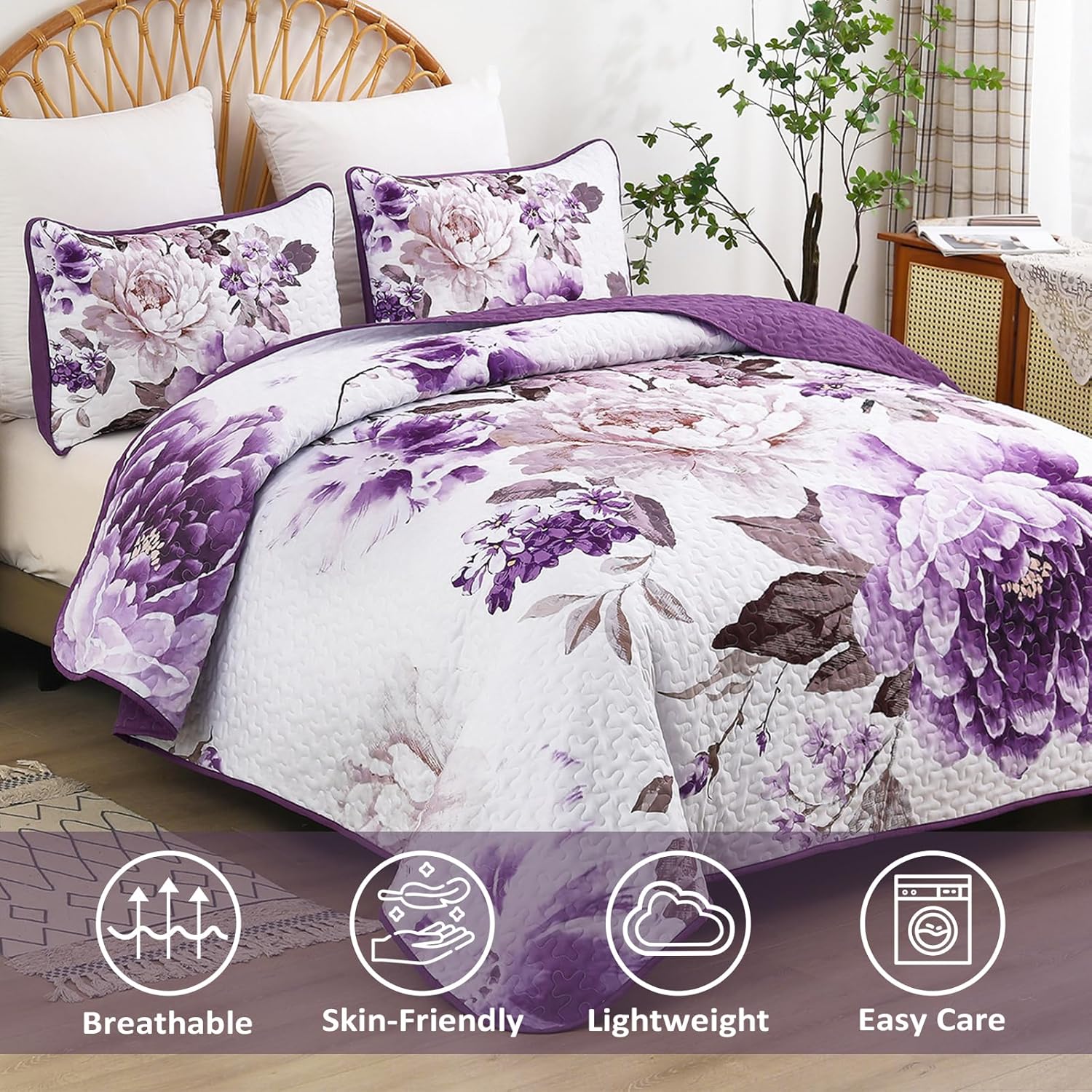 WONGS BEDDING Purple Floral Quilt Set 3 Piece Reversible