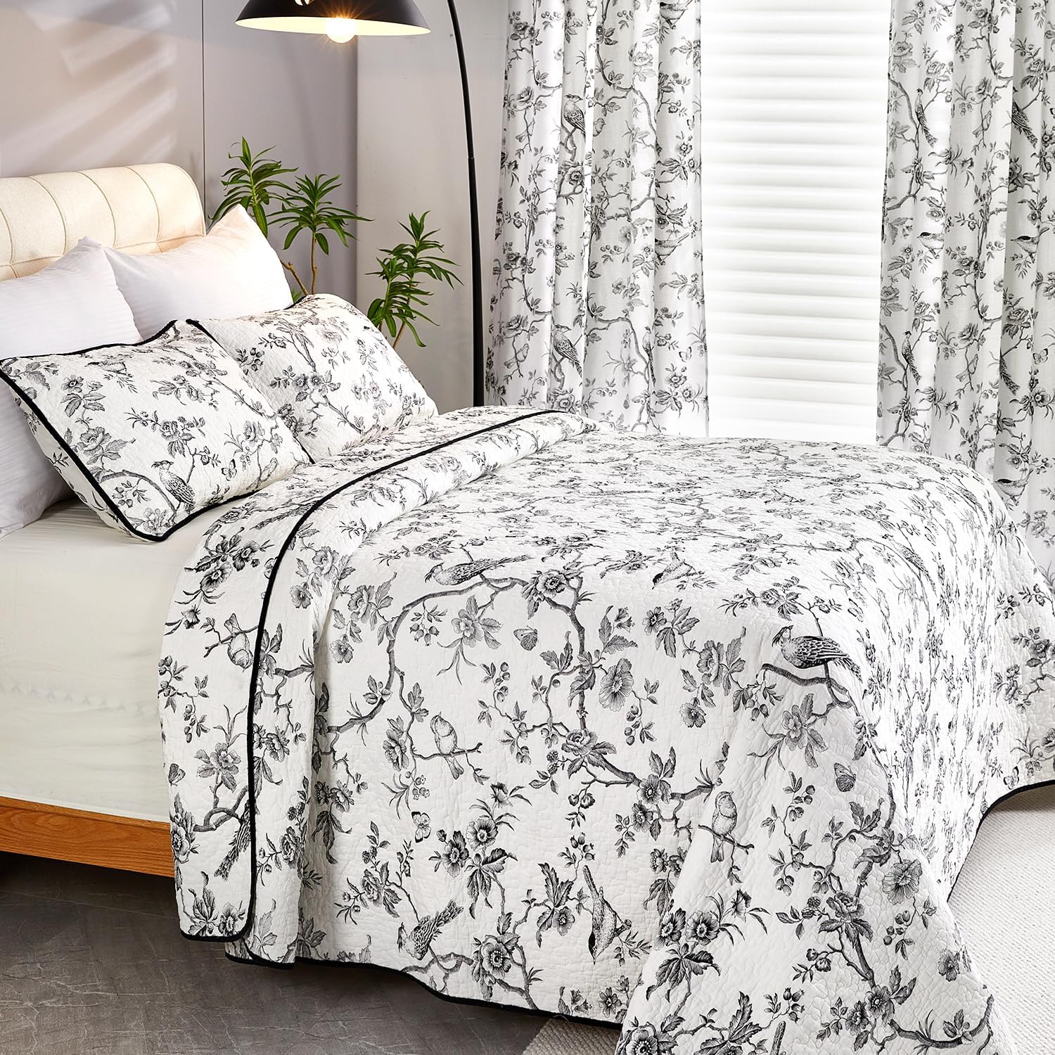 Evenhug 100 Cotton Reversible Quilt Set Queen Size Black Bird Pattern