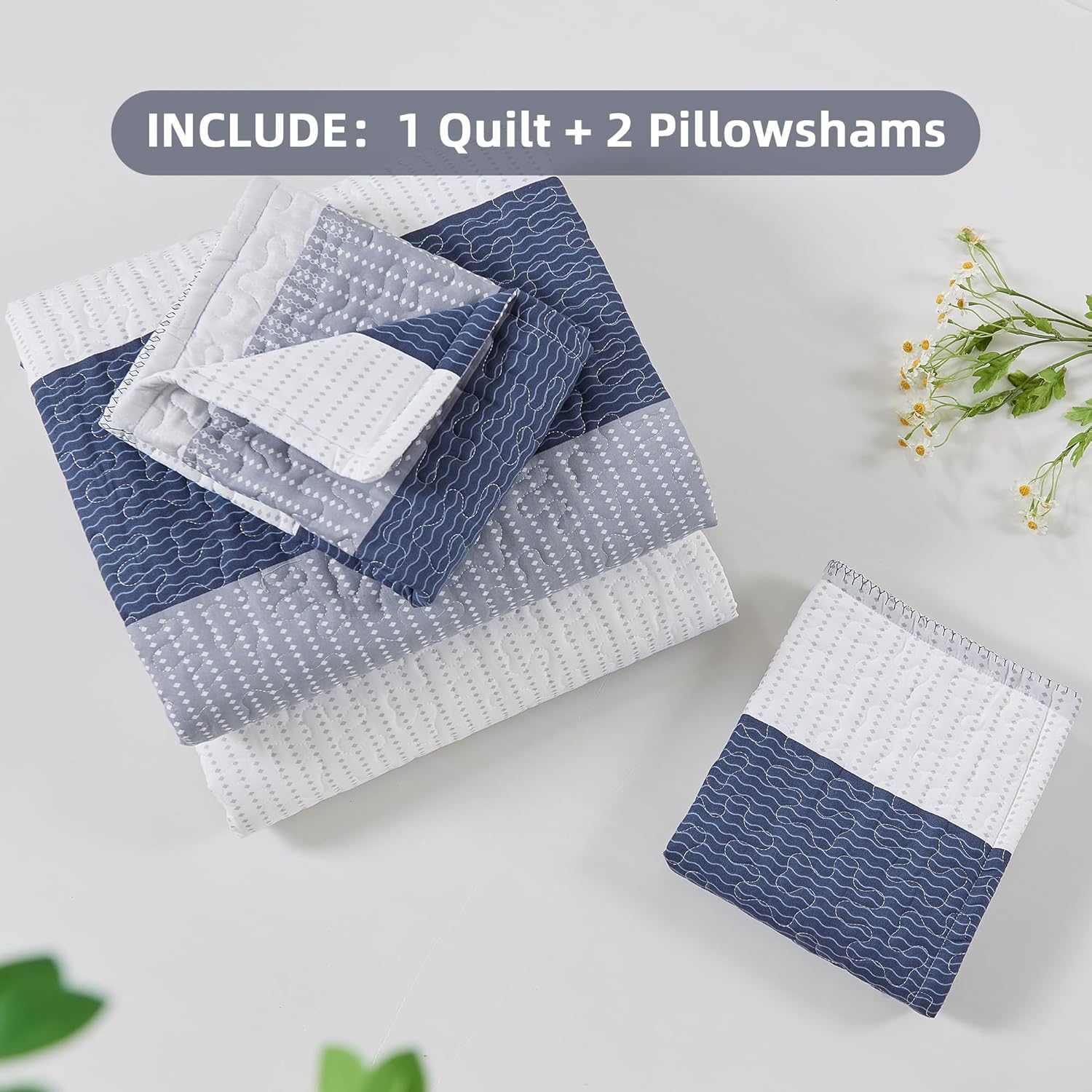 Andency Mineral Blue Striped Quilt Set with Pillowcases
