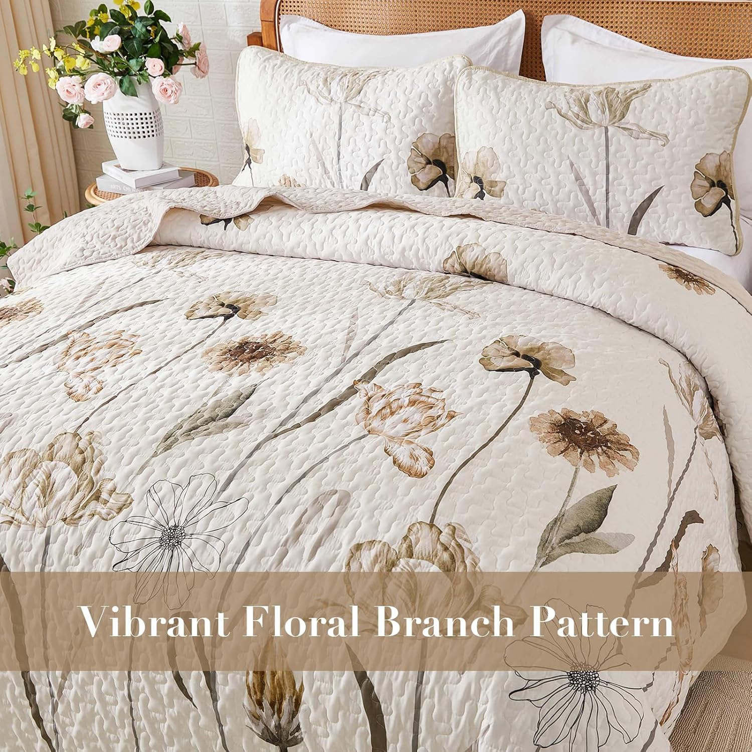 WONGS BEDDING Floral King Quilt Set 3 Piece