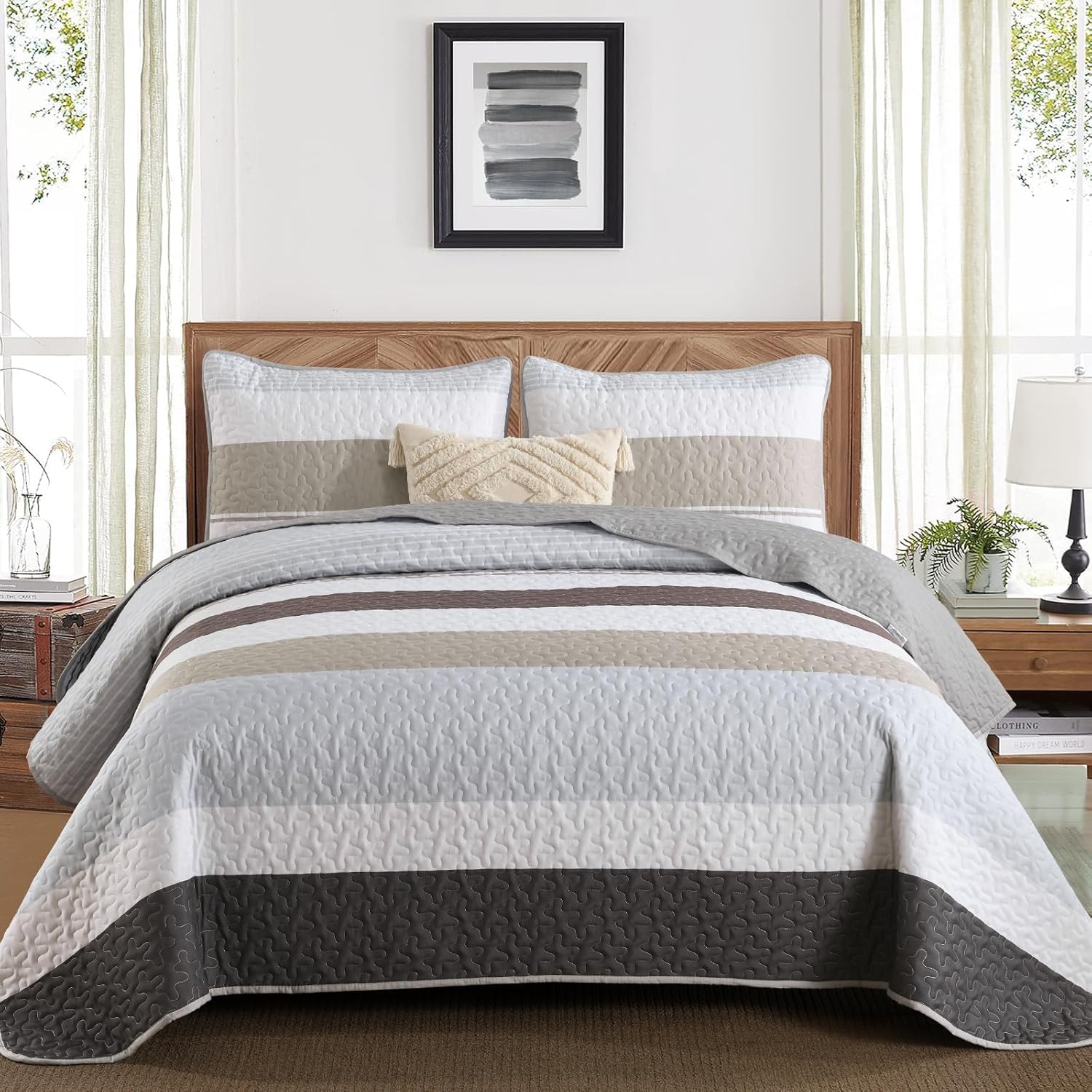 Dinjoy Grey Boho Quilt Set Queen Size Striped Patchwork 1