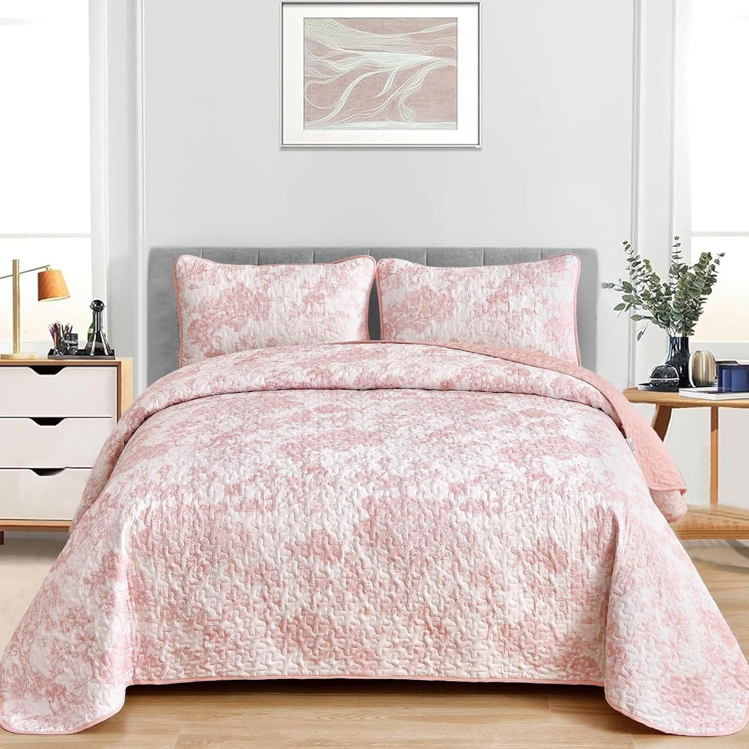 WONGS BEDDING Queen Size Quilt Set 3 Pieces Pink Floral