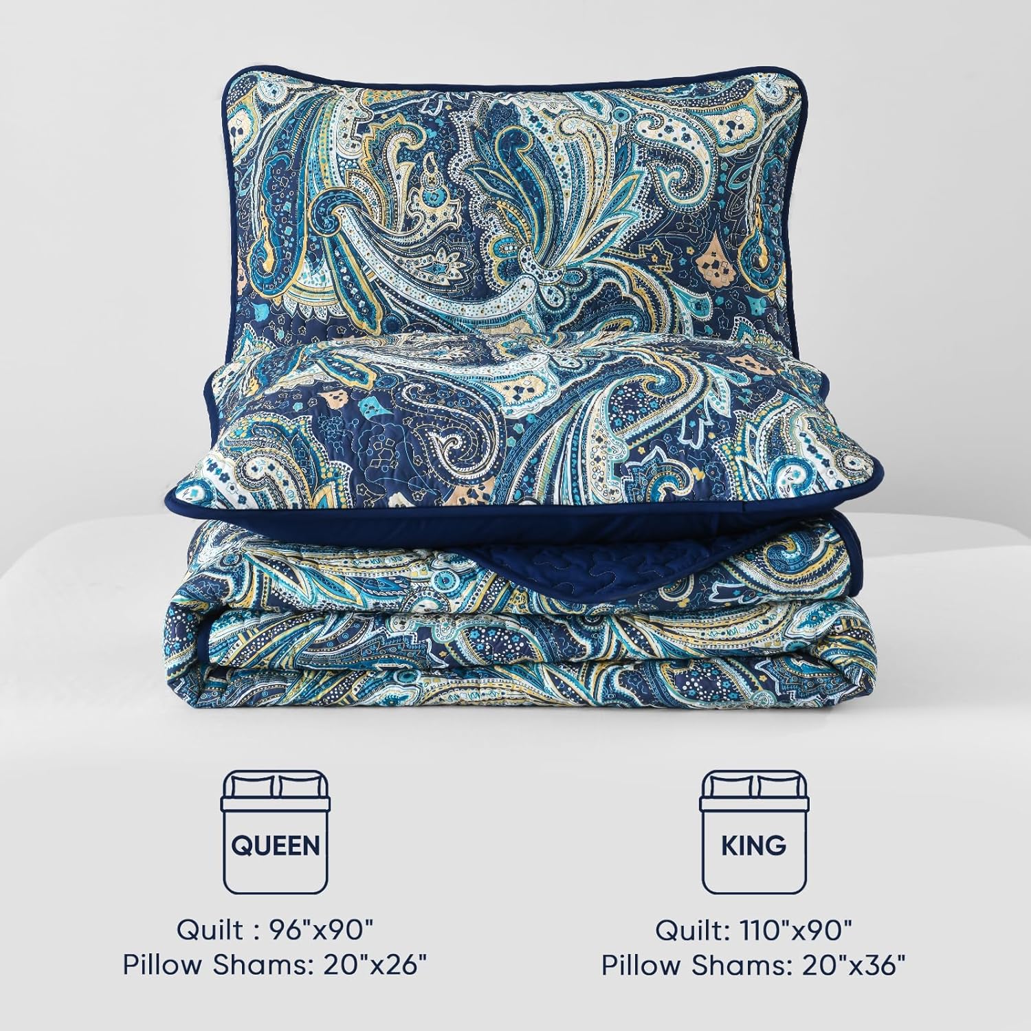 DJY Navy Blue Paisley Quilt Set 3 Piece King Size