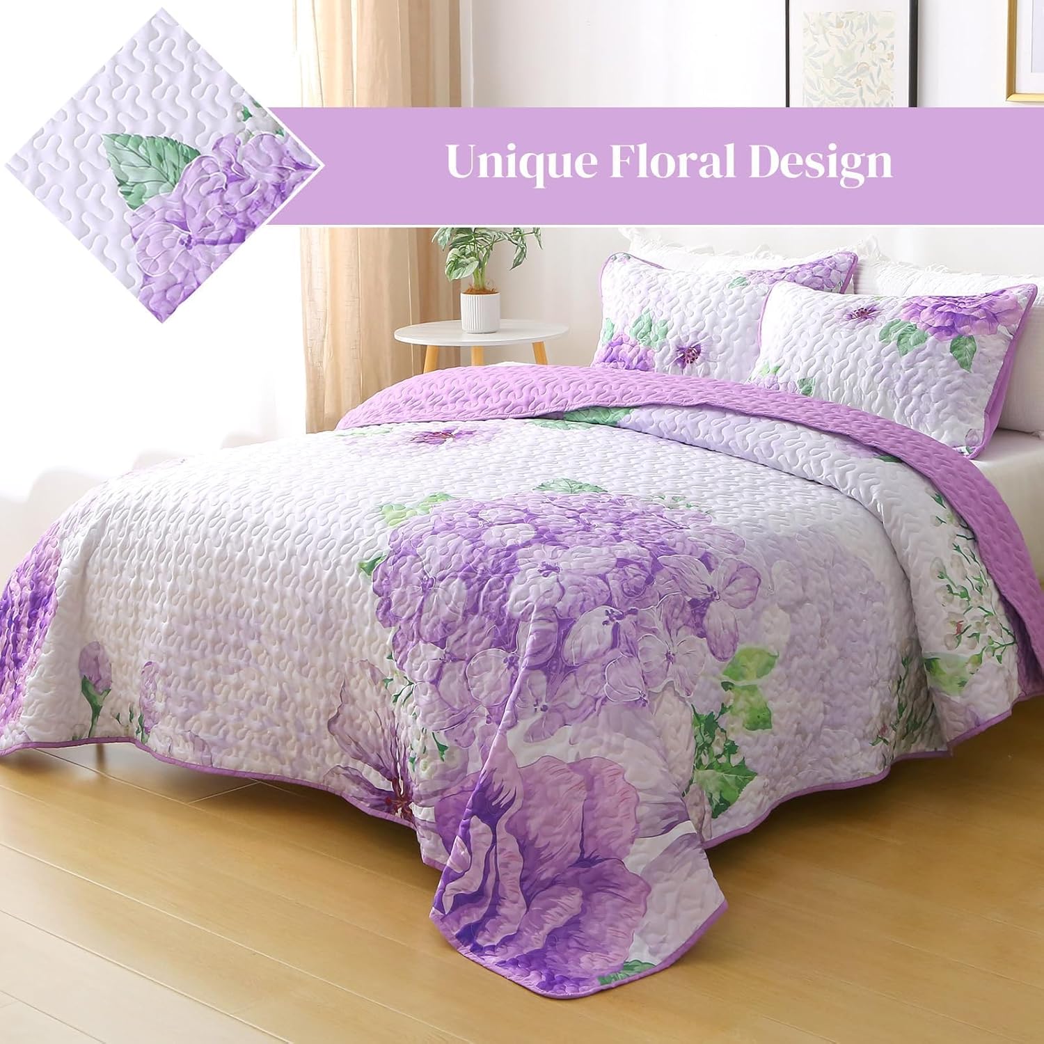 Heymybed Purple Floral Quilt Set King Size 3 Pieces