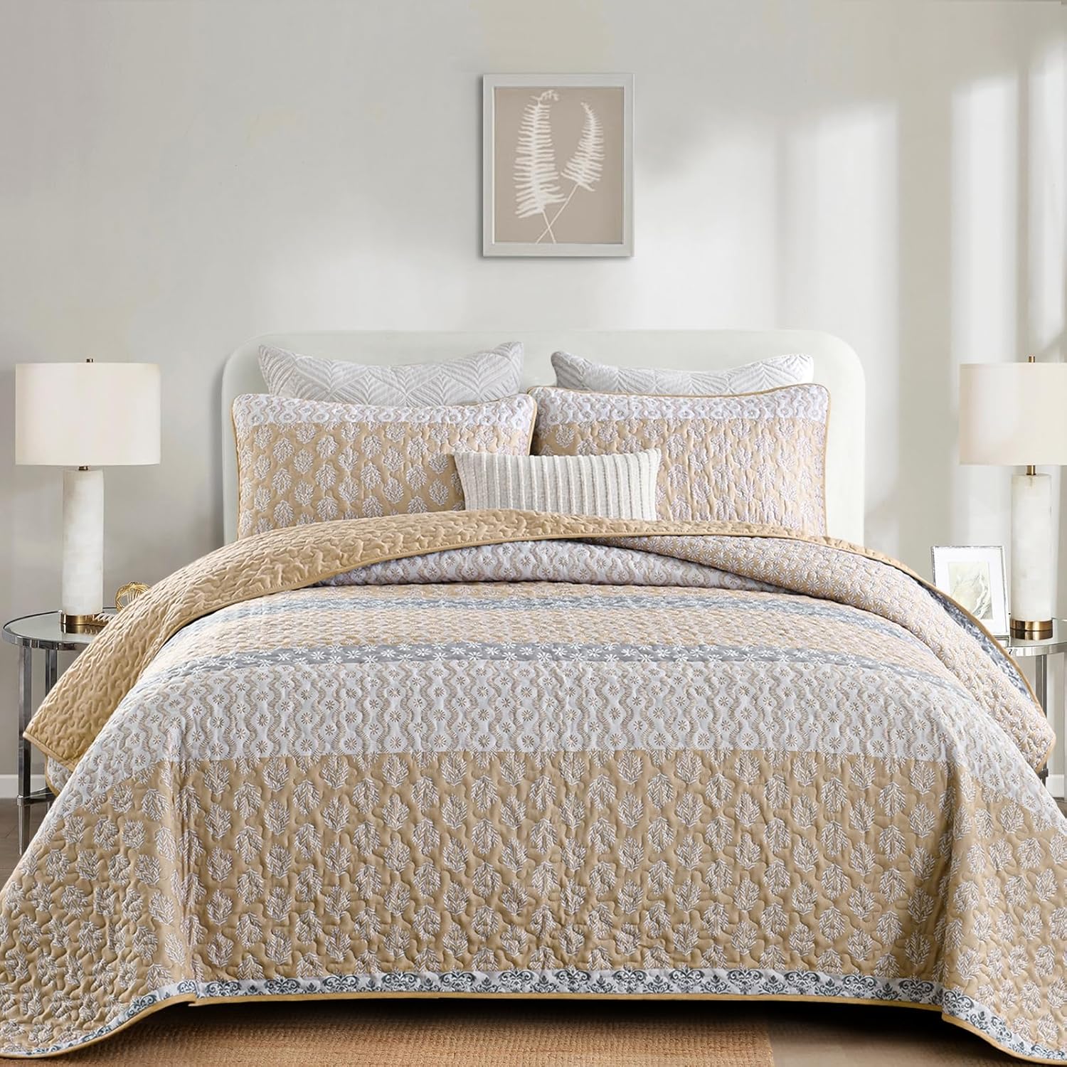 Boho Quilt Set King Size Beige Striped Coverlet 3 Pieces