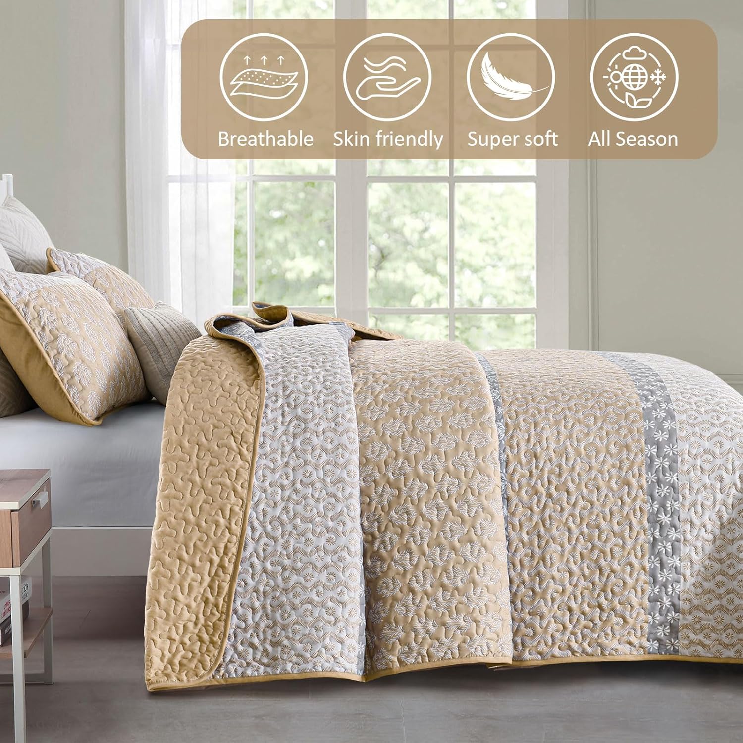 Boho Quilt Set King Size Beige Striped Coverlet 3 Pieces