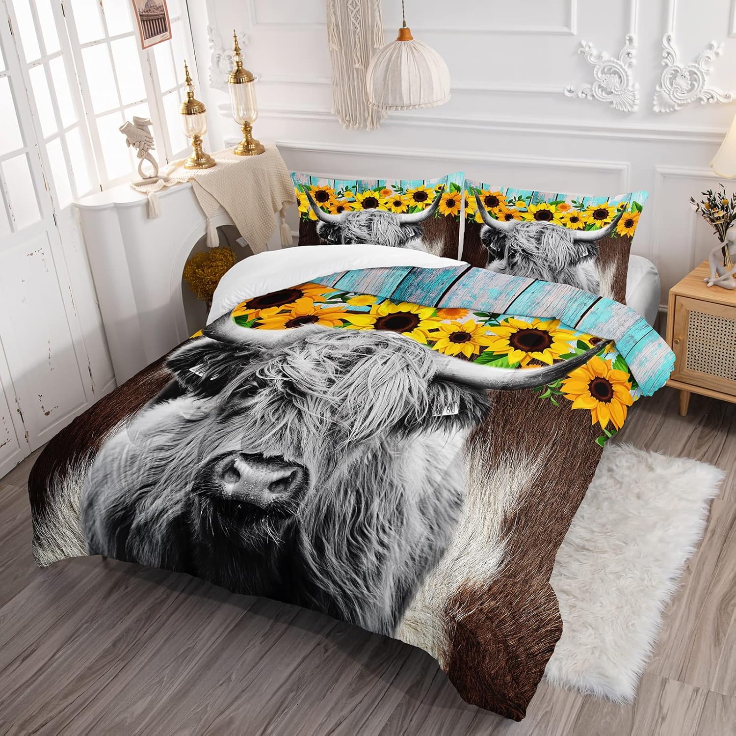 Axolotl Highland Cow Sunflowers Comforter Set Queen