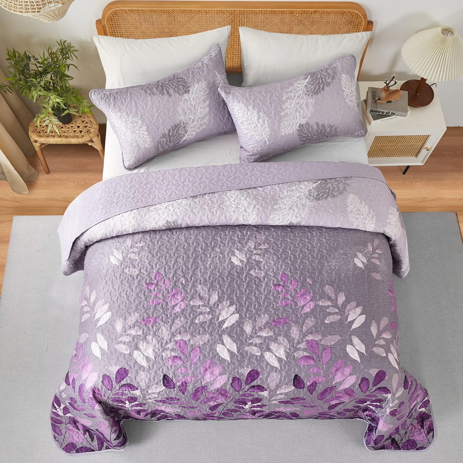 WONGS BEDDING Purple Floral Quilt Set King Size 3 Piece