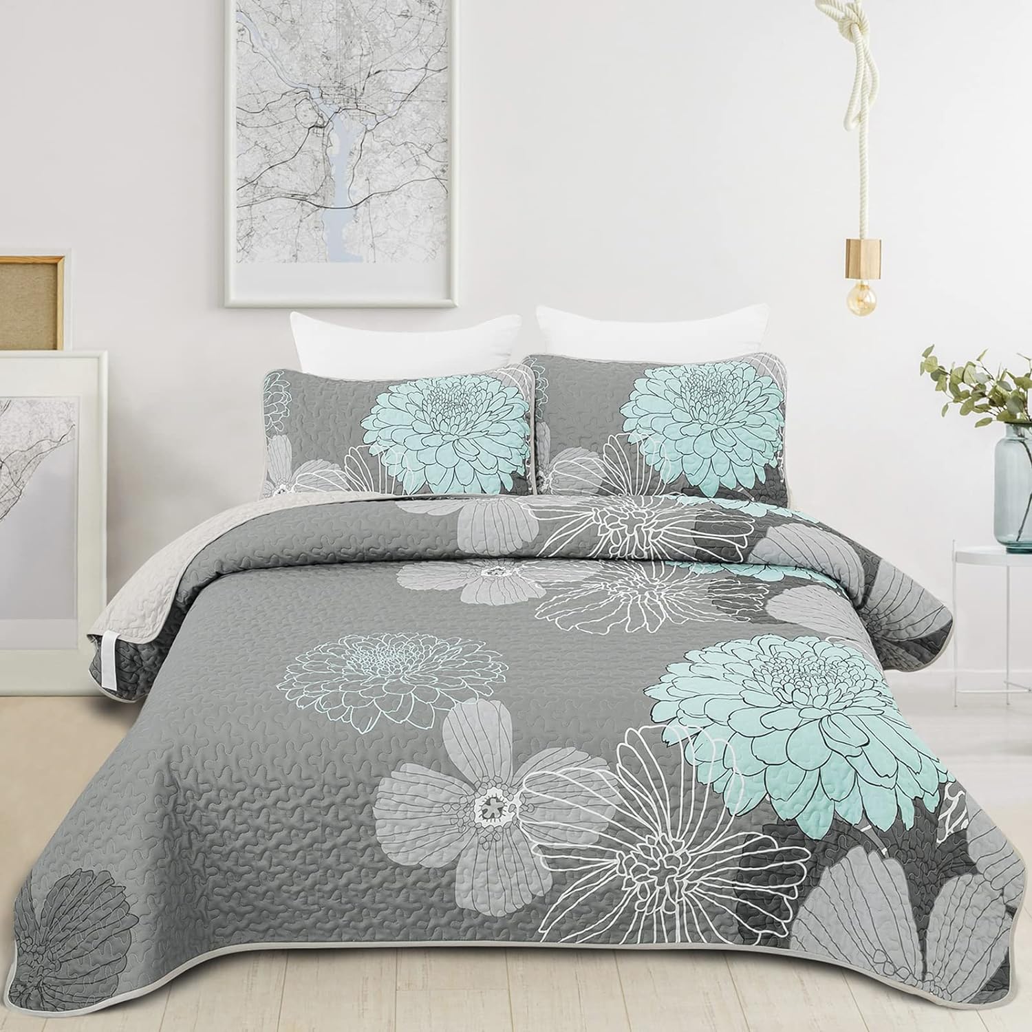 Anibedding Green Floral Queen Quilt Set - 3 Piece Boho Bedding