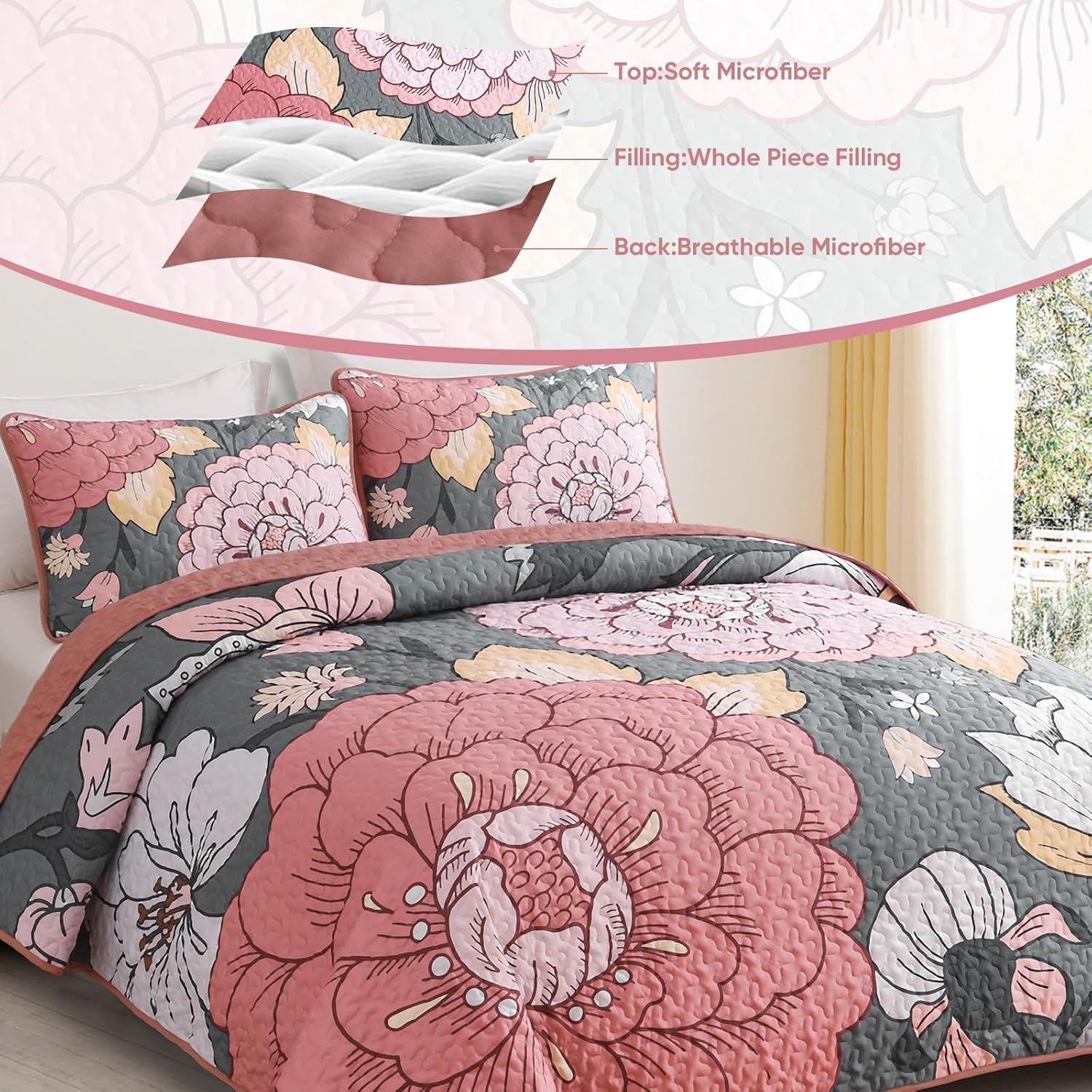 DJY Floral Quilt Set King Size Grey and Pink 1