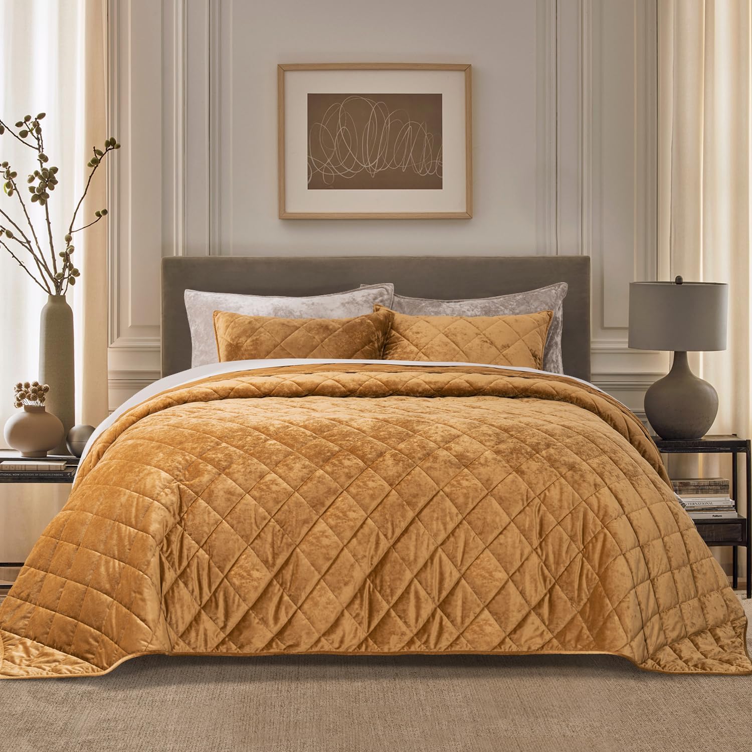 EVERGRACE Diamond Velvet Quilt Set Queen Size with Pillow Shams