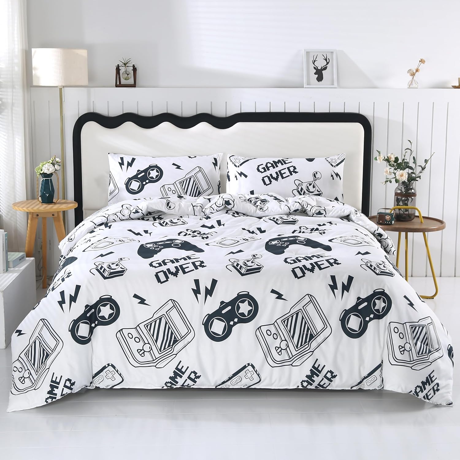 SDIII 3PCS White Gaming Comforter Set Queen