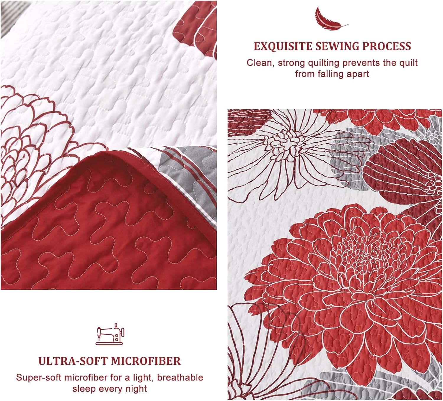 Anibedding Queen Quilt Set Red Floral Pattern 3 Piece