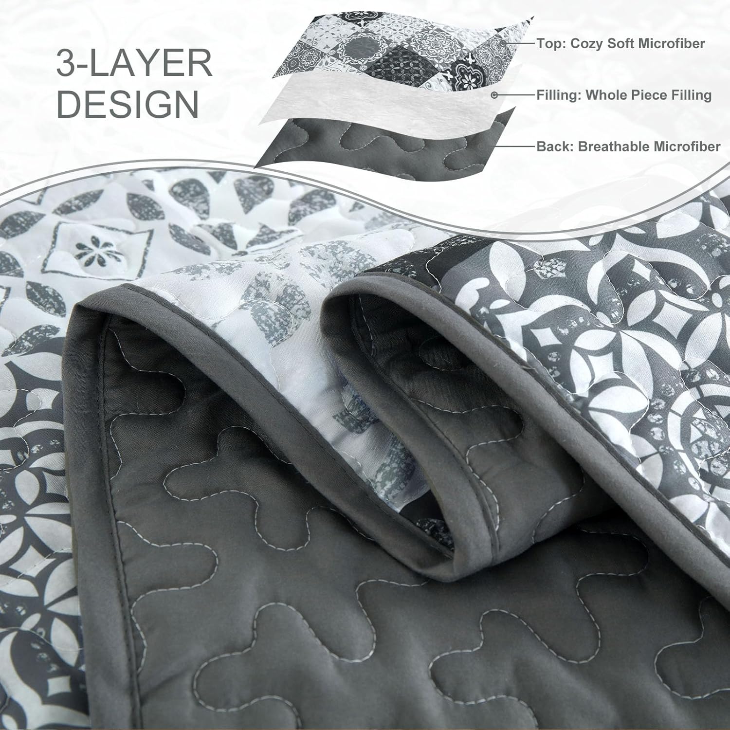 Dobuyly Boho Patchwork Cal King Quilt Set Grey Black 3-Piece Microfiber