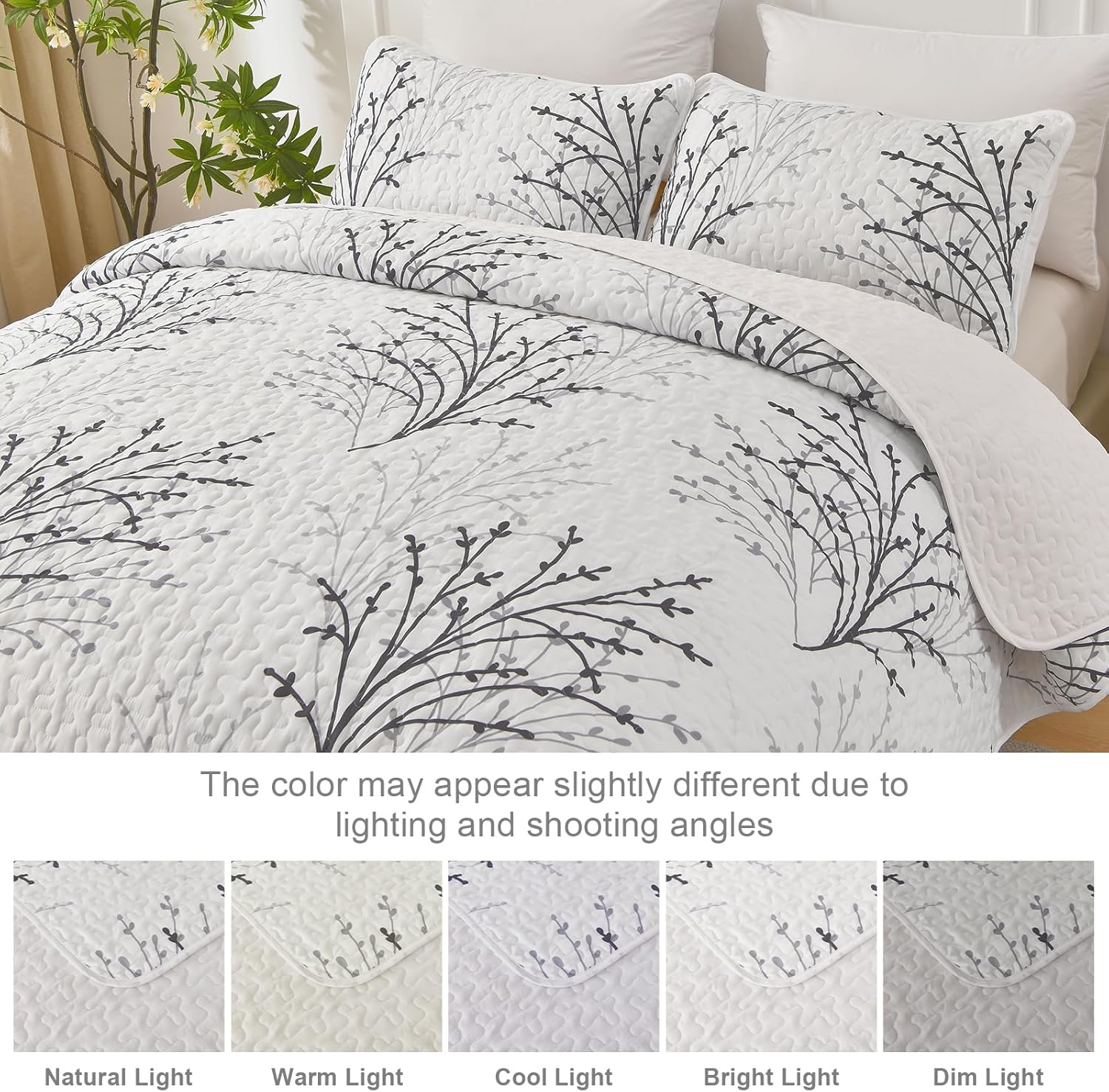 DJY White Botanical Quilt Set Queen Size 3 Piece
