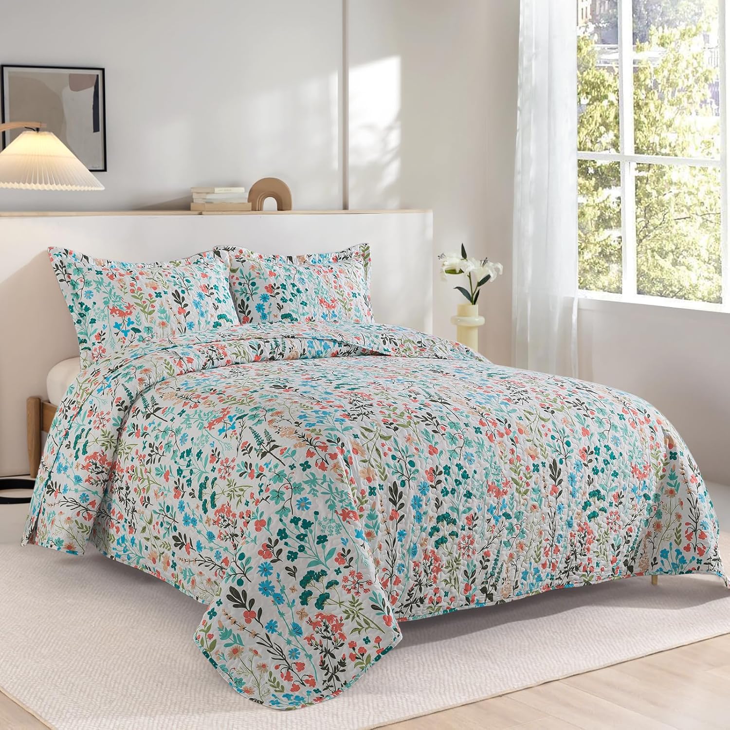 TWINRUN Floral Queen Quilt Bedding Set - 3 Piece Farmhouse Garden Style