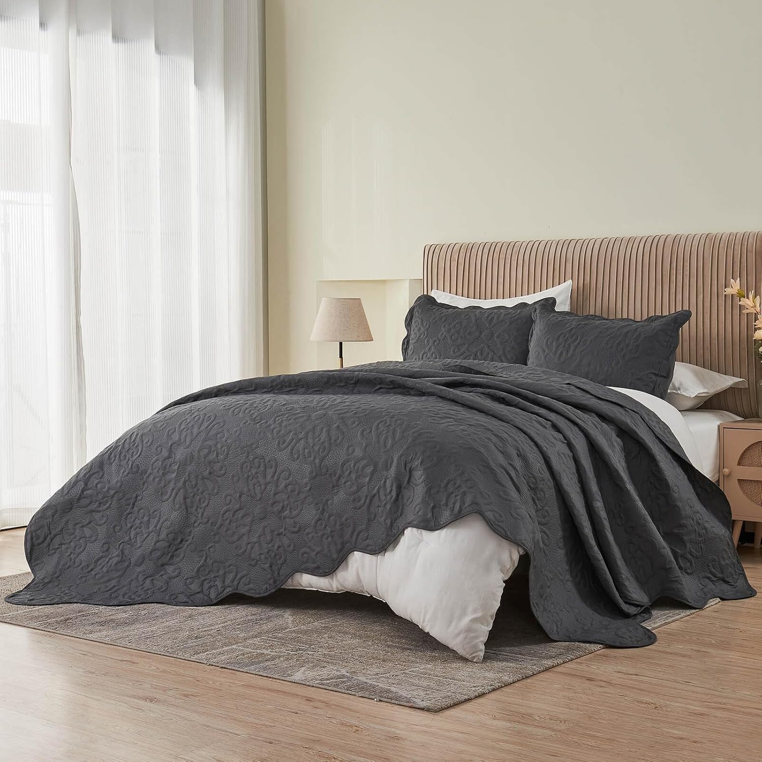 Kingnex Oversized King Bedspread Set Dark Grey 1