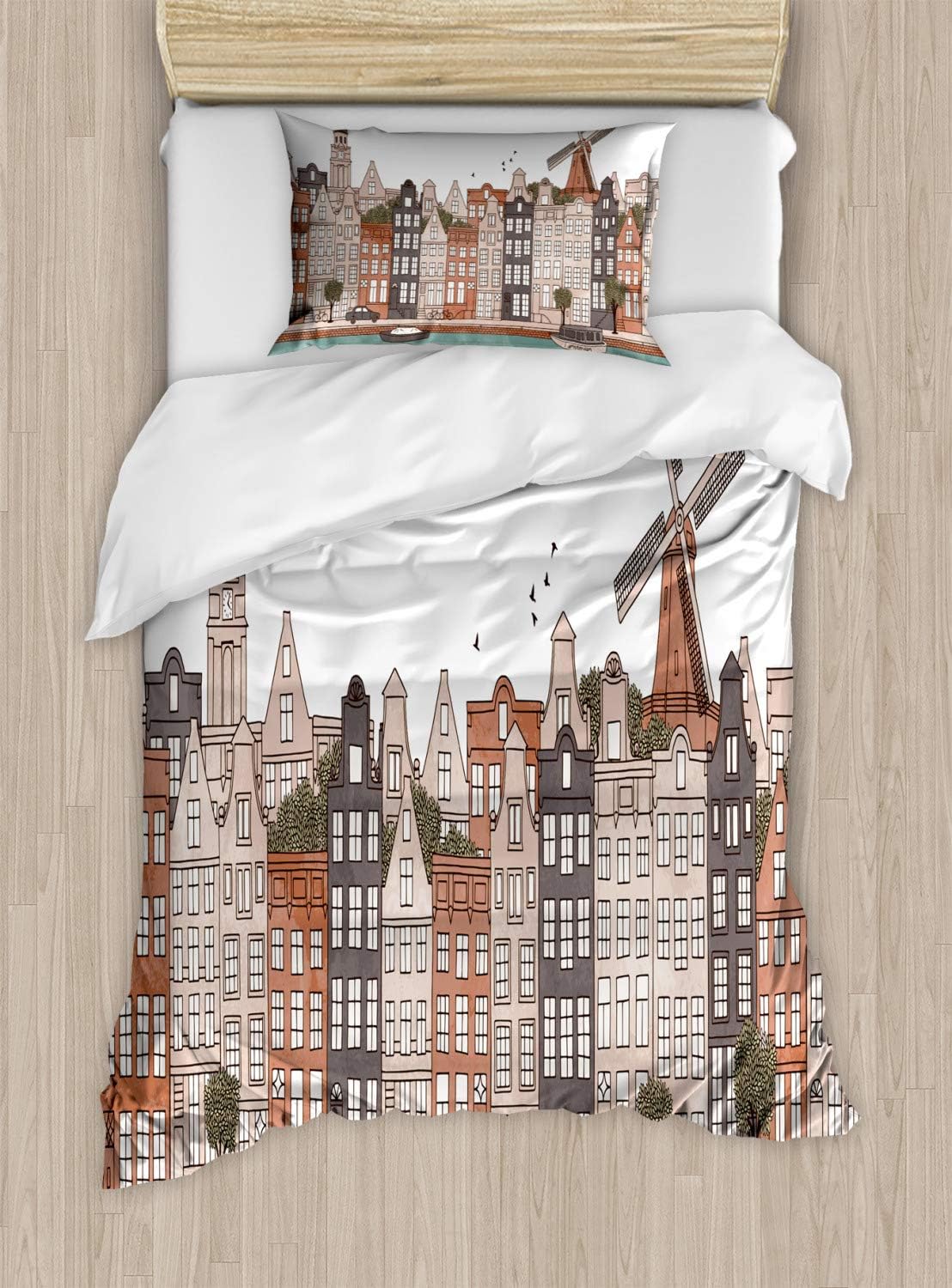 Ambesonne Amsterdam Duvet Cover Set Twin Size Beige Burnt Sienna