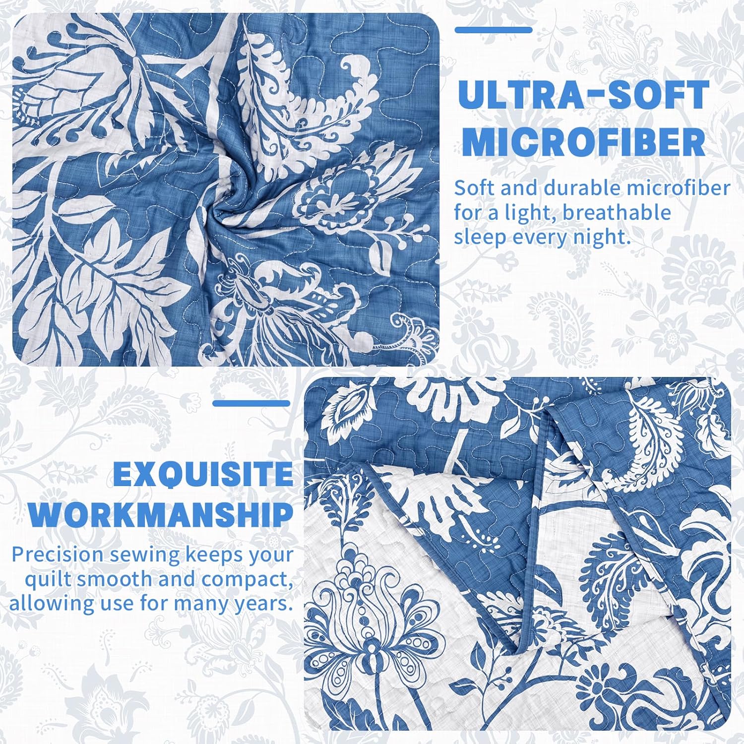 Invoibler Reversible Blue Floral Quilt Set 1