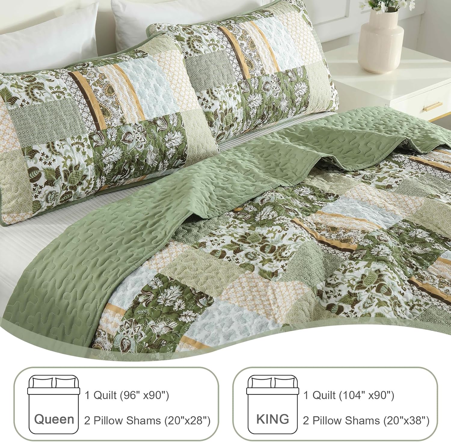 WONGS BEDDING Green Quilt Set King Size 3 Piece 1