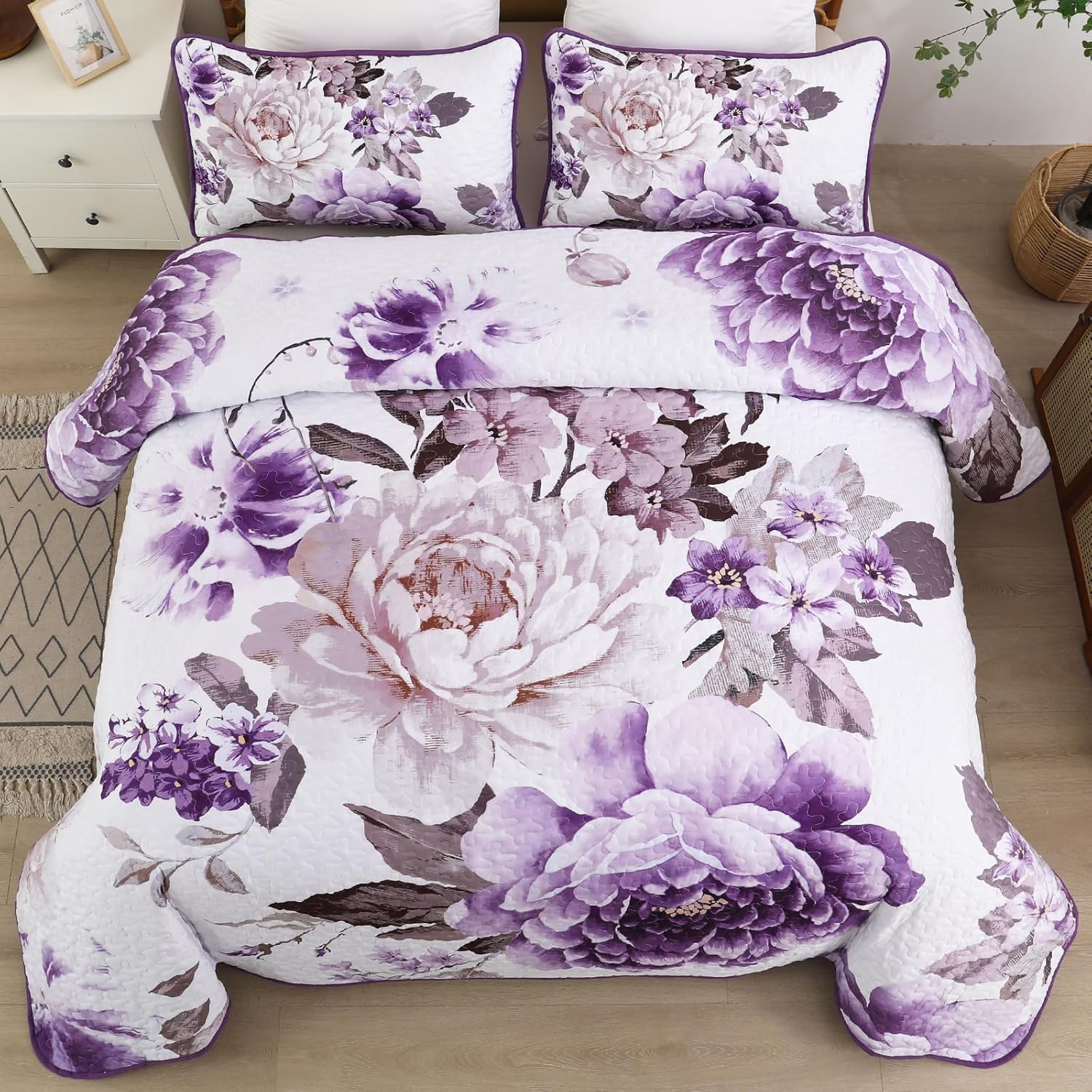WONGS BEDDING Purple Floral Quilt Set 3 Piece Reversible