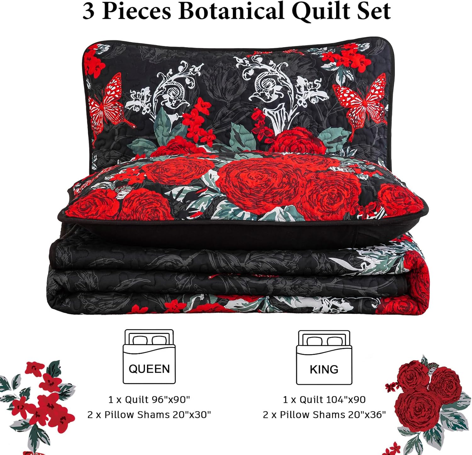 Yiran Black Floral Quilt Set King Size 3 Piece