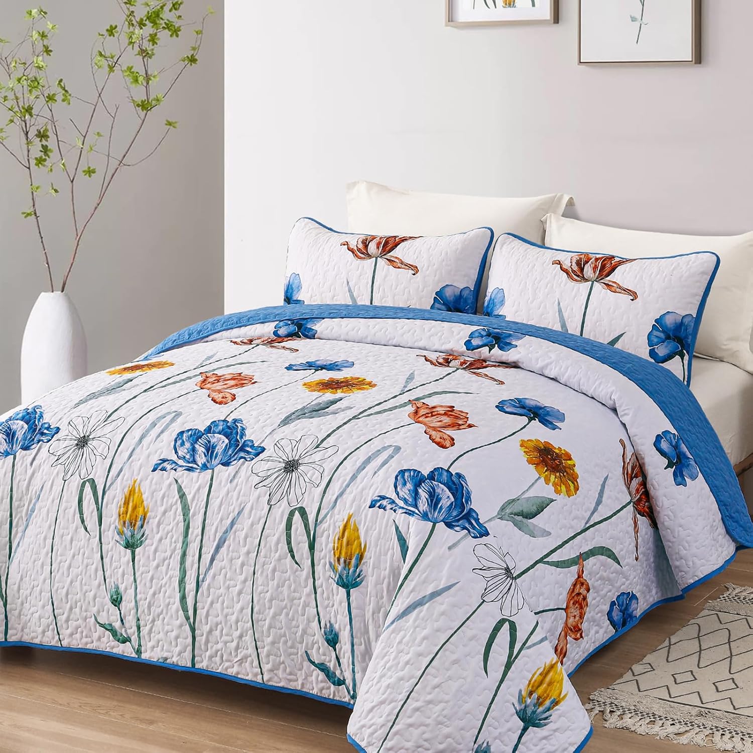 WONGS BEDDING Blue Floral Quilt Set Queen Size