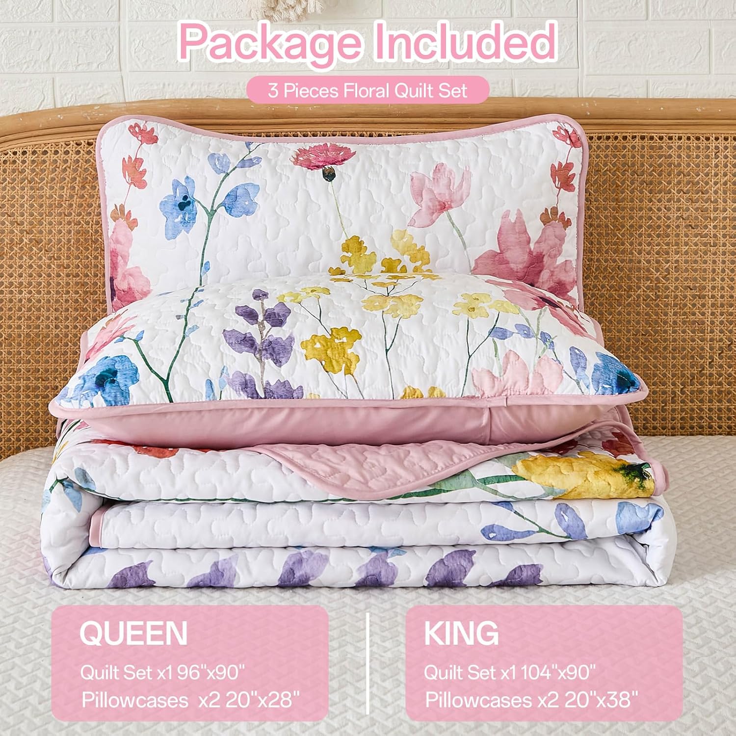 Anibedding Queen Quilt Set with Reversible Pink Floral Design