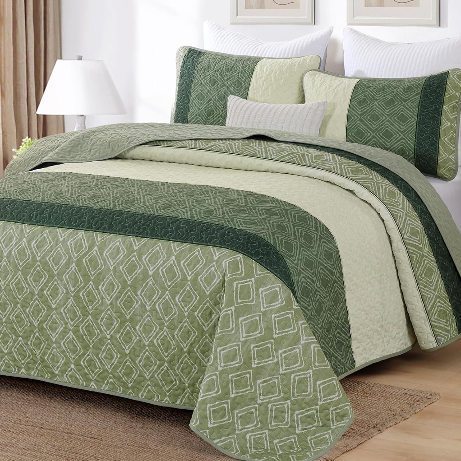Cottolester Green Quilt Set Queen Size with 2 Pillow Shams