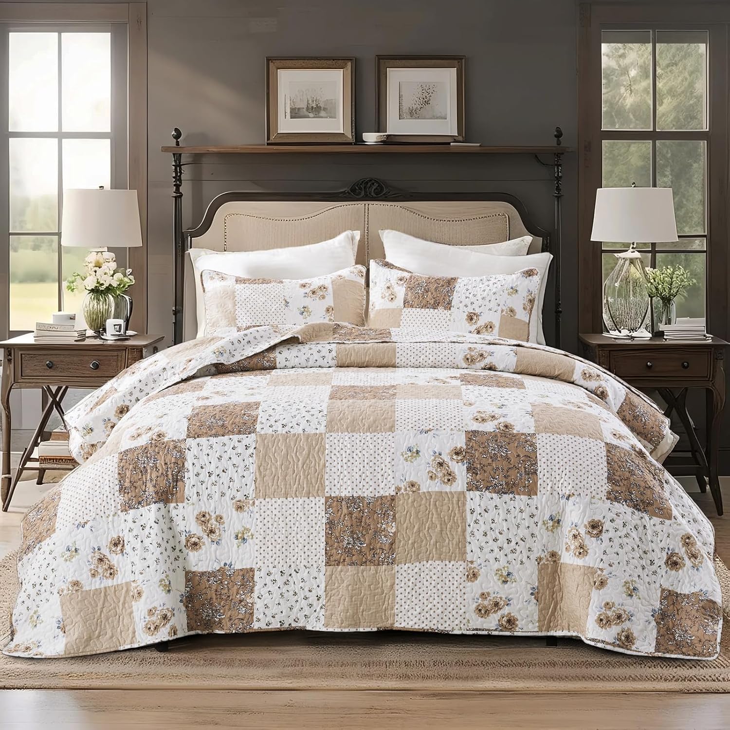 VIVILINEN Reversible Brown Floral Plaid Quilt Set