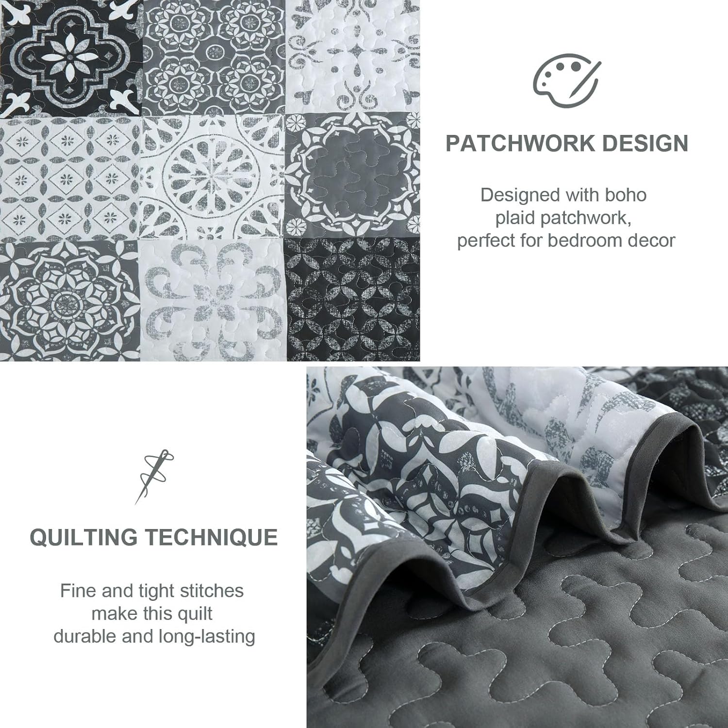 Dobuyly Boho Patchwork Cal King Quilt Set Grey Black 3-Piece Microfiber