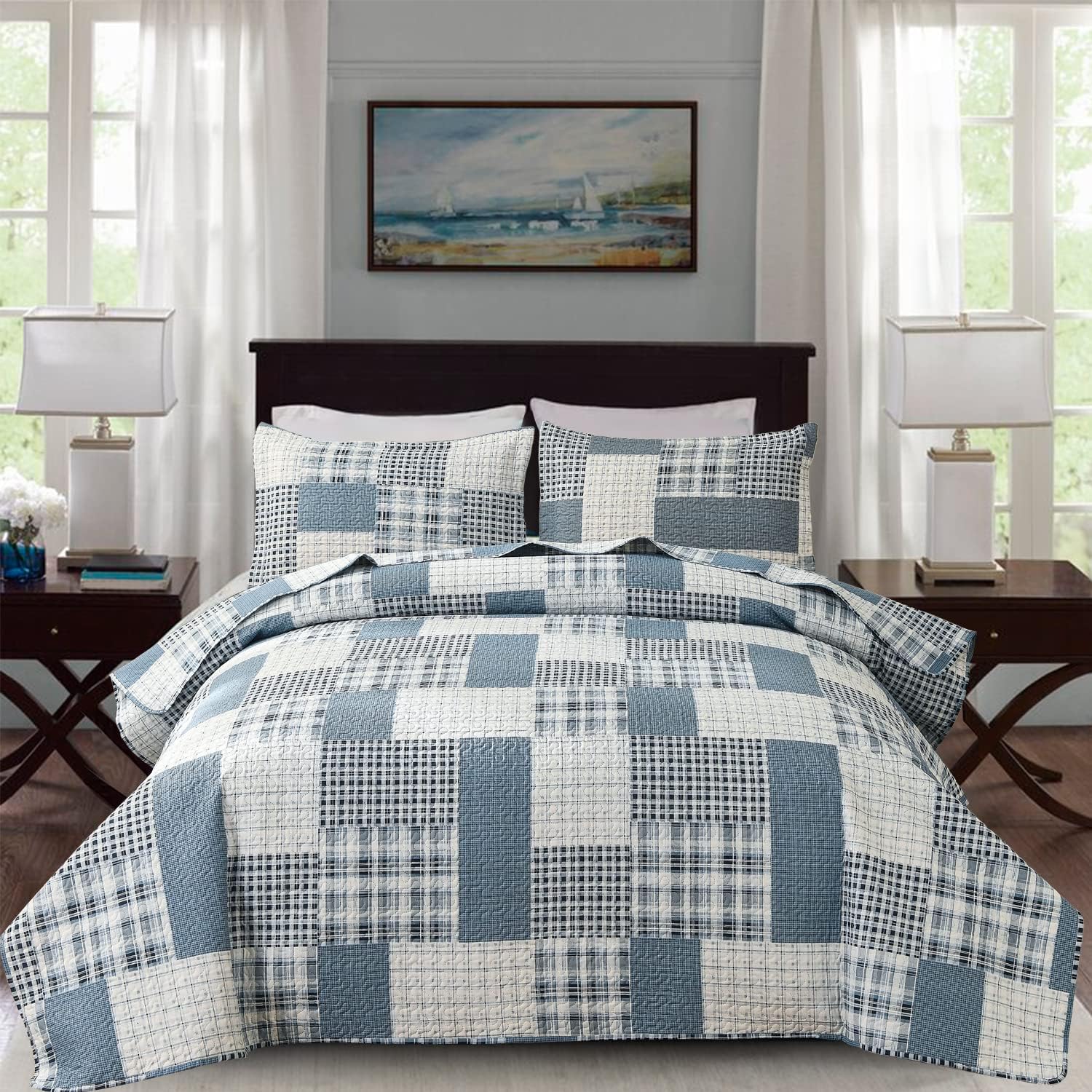 CHESITY 3 Piece Plaid Quilt Set Queen Size