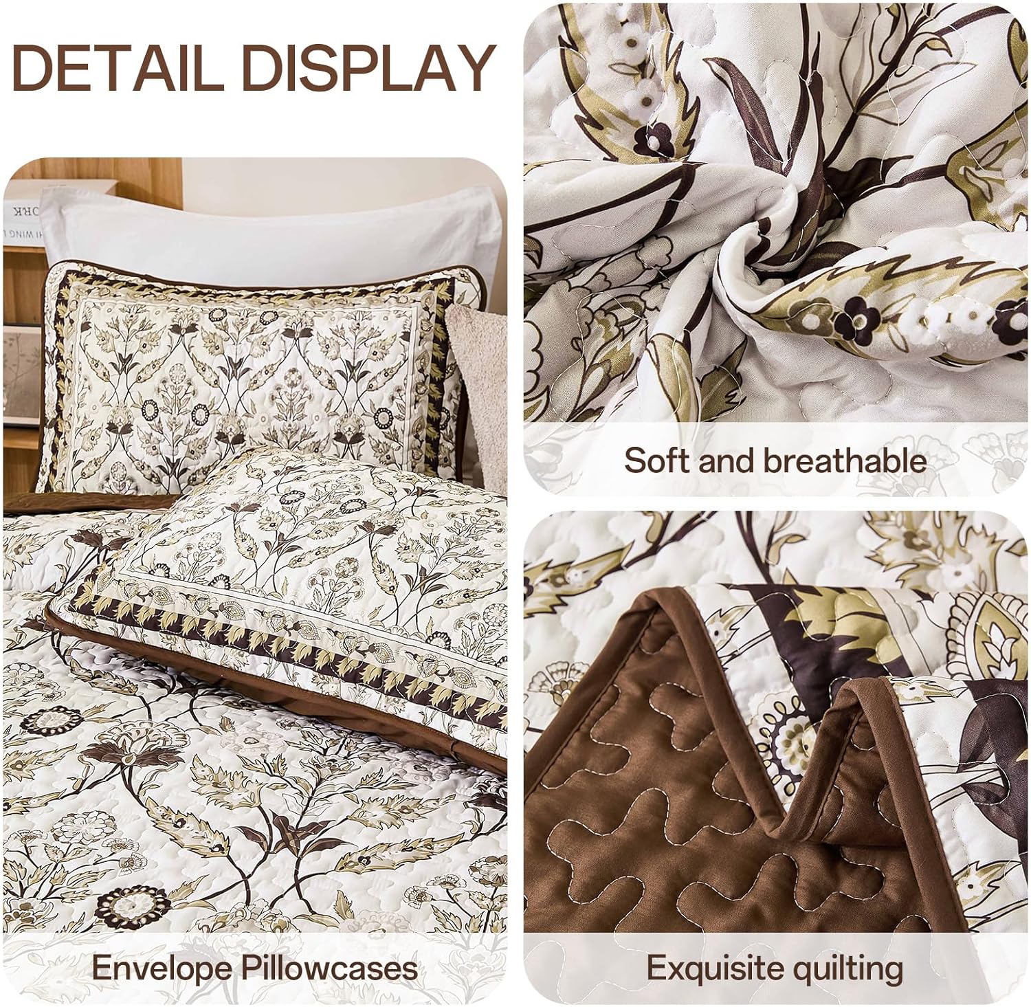 DJY Brown Floral Quilt Set King 3 Pieces