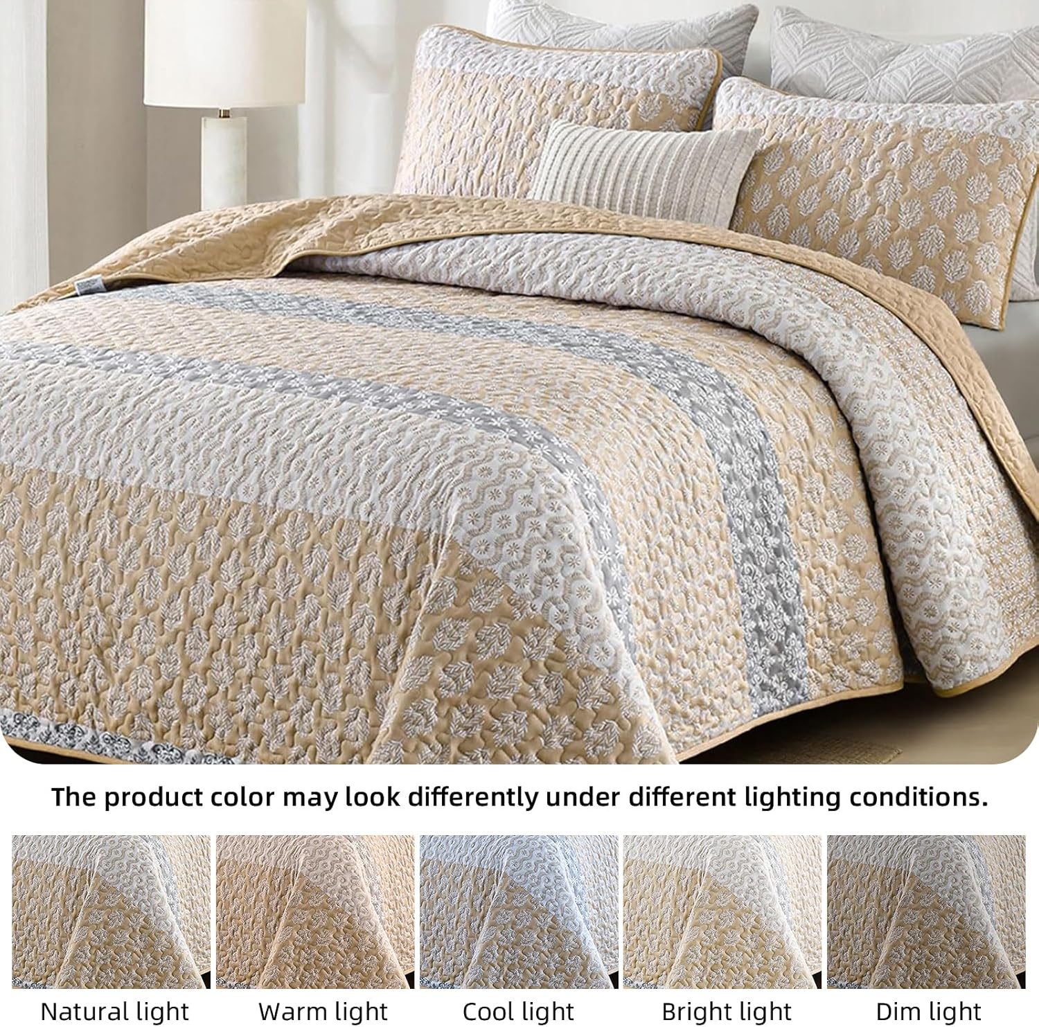 Boho Quilt Set King Size Beige Striped Coverlet 3 Pieces