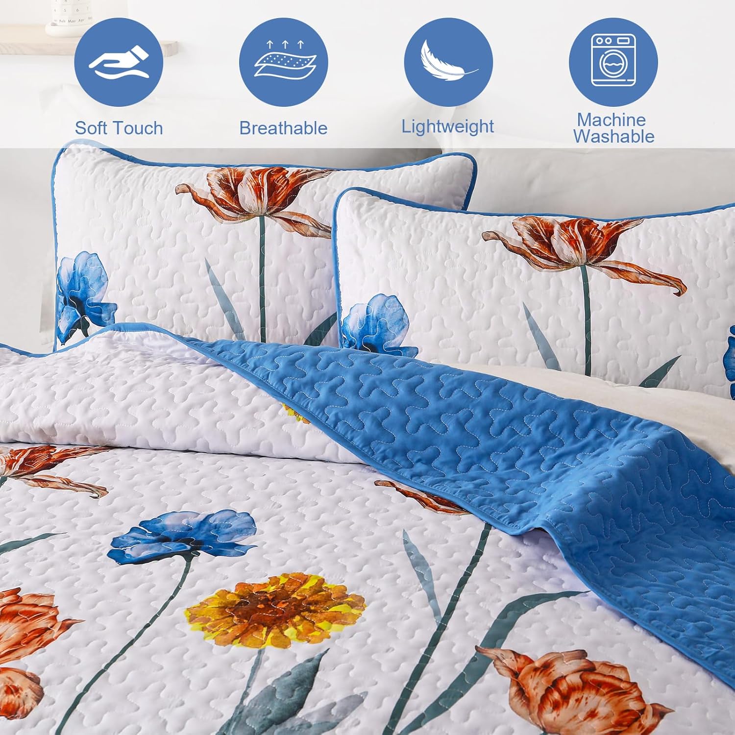 WONGS BEDDING Blue Floral Quilt Set Queen Size