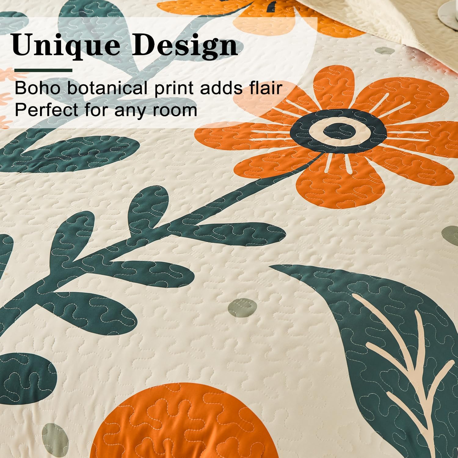 Yogeneg Queen Quilt Bedding Set 3 Piece White Orange Botanical Pattern