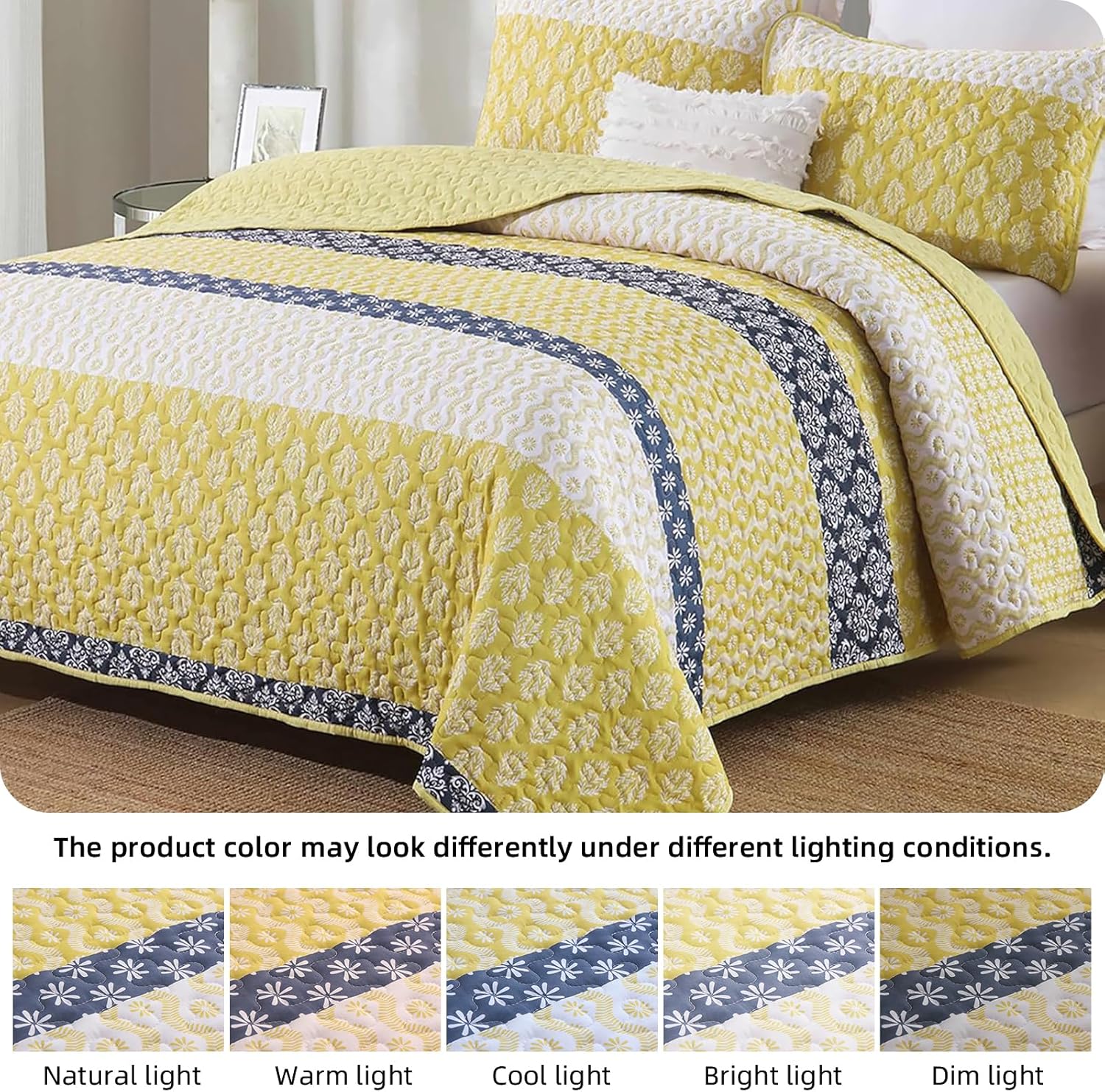 Cottolester Boho Quilt Set Queen Size Yellow Striped