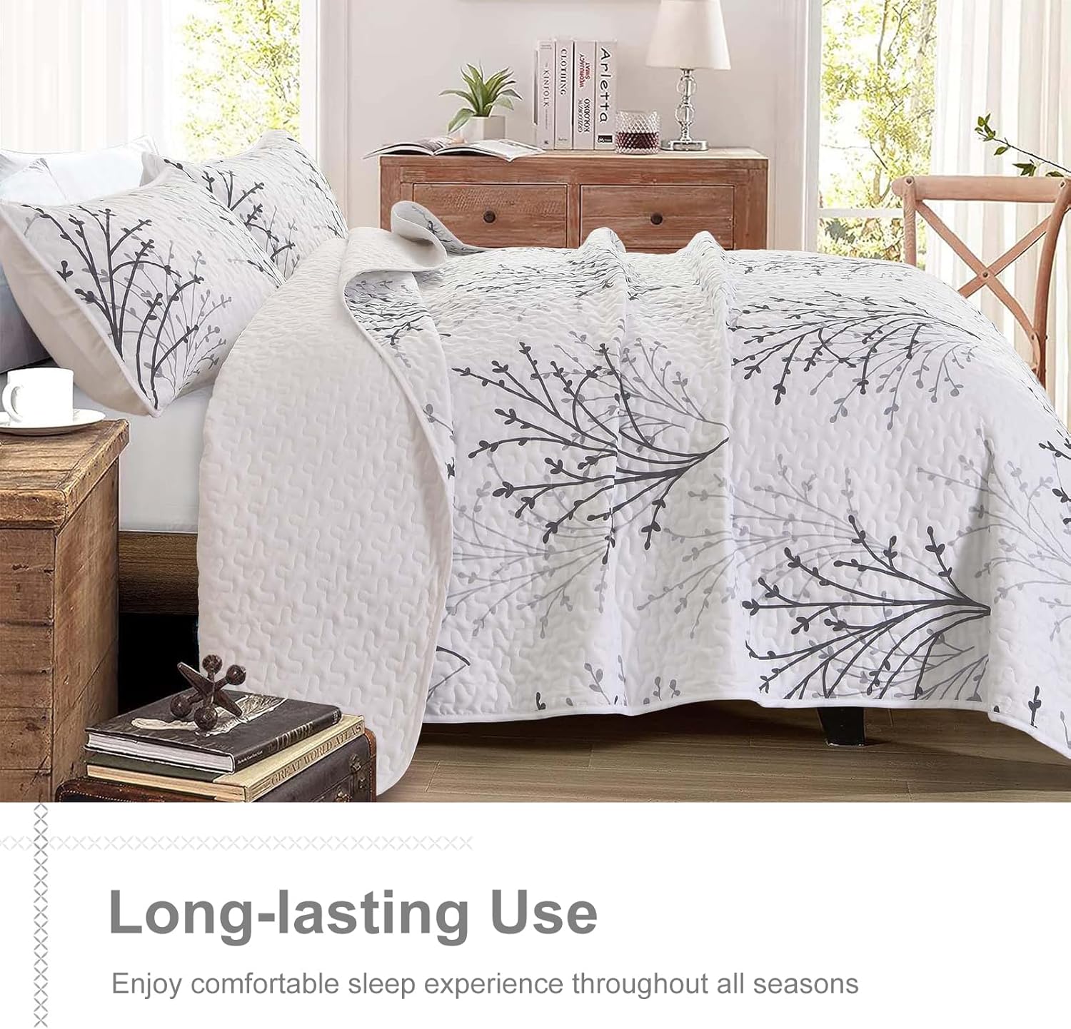 DJY White Botanical Quilt Set Queen Size 3 Piece