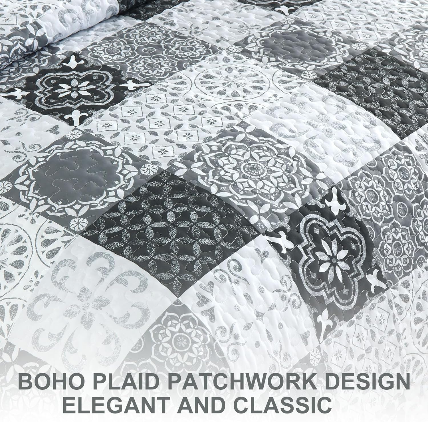Dobuyly Boho Patchwork Cal King Quilt Set Grey Black 3-Piece Microfiber