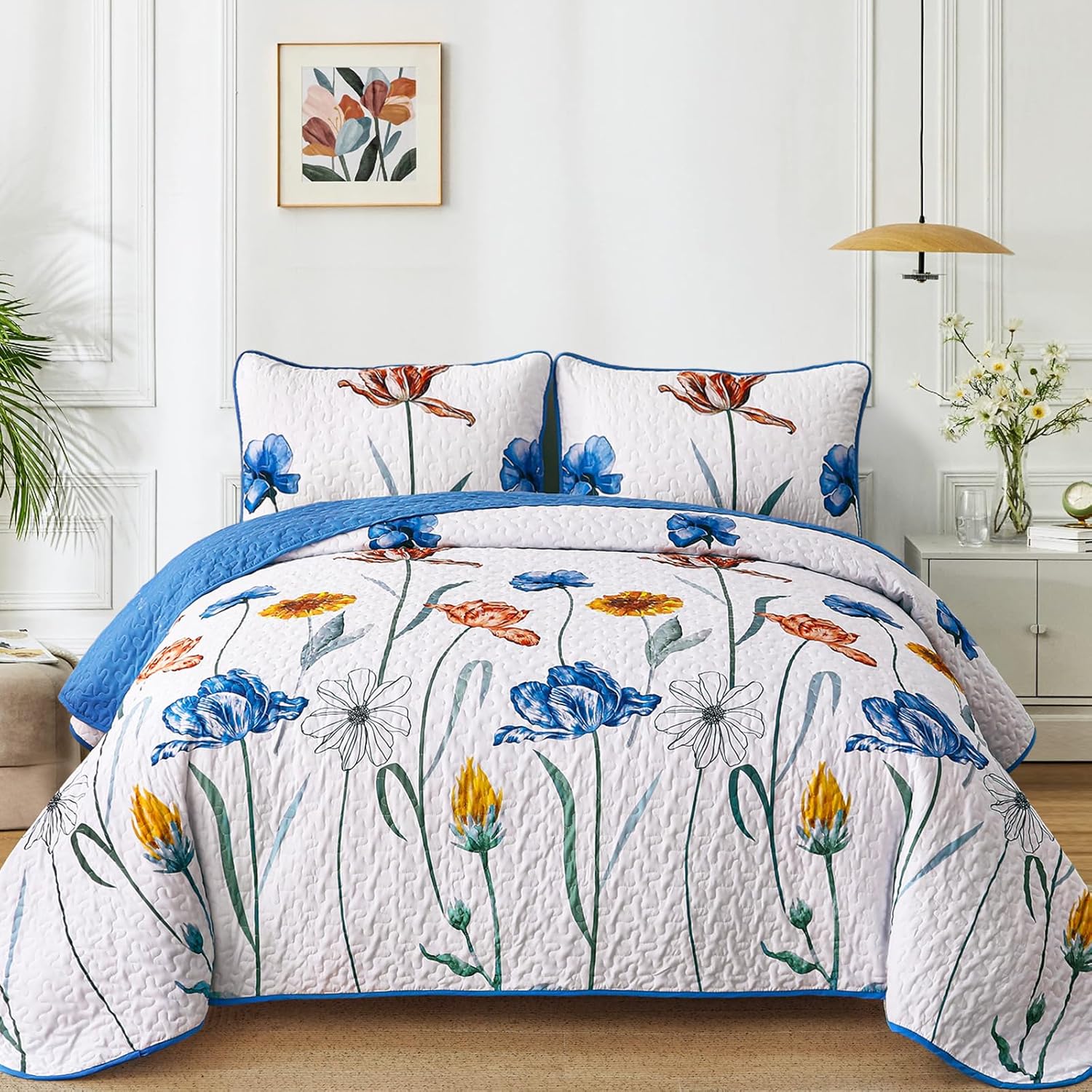 WONGS BEDDING Blue Floral Quilt Set Queen Size