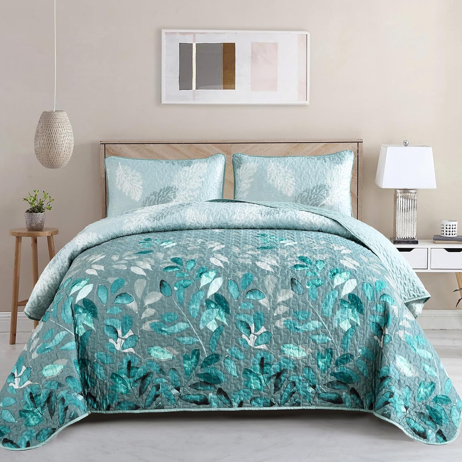 WONGS BEDDING Aqua Botanical Quilt Set Queen 3PC