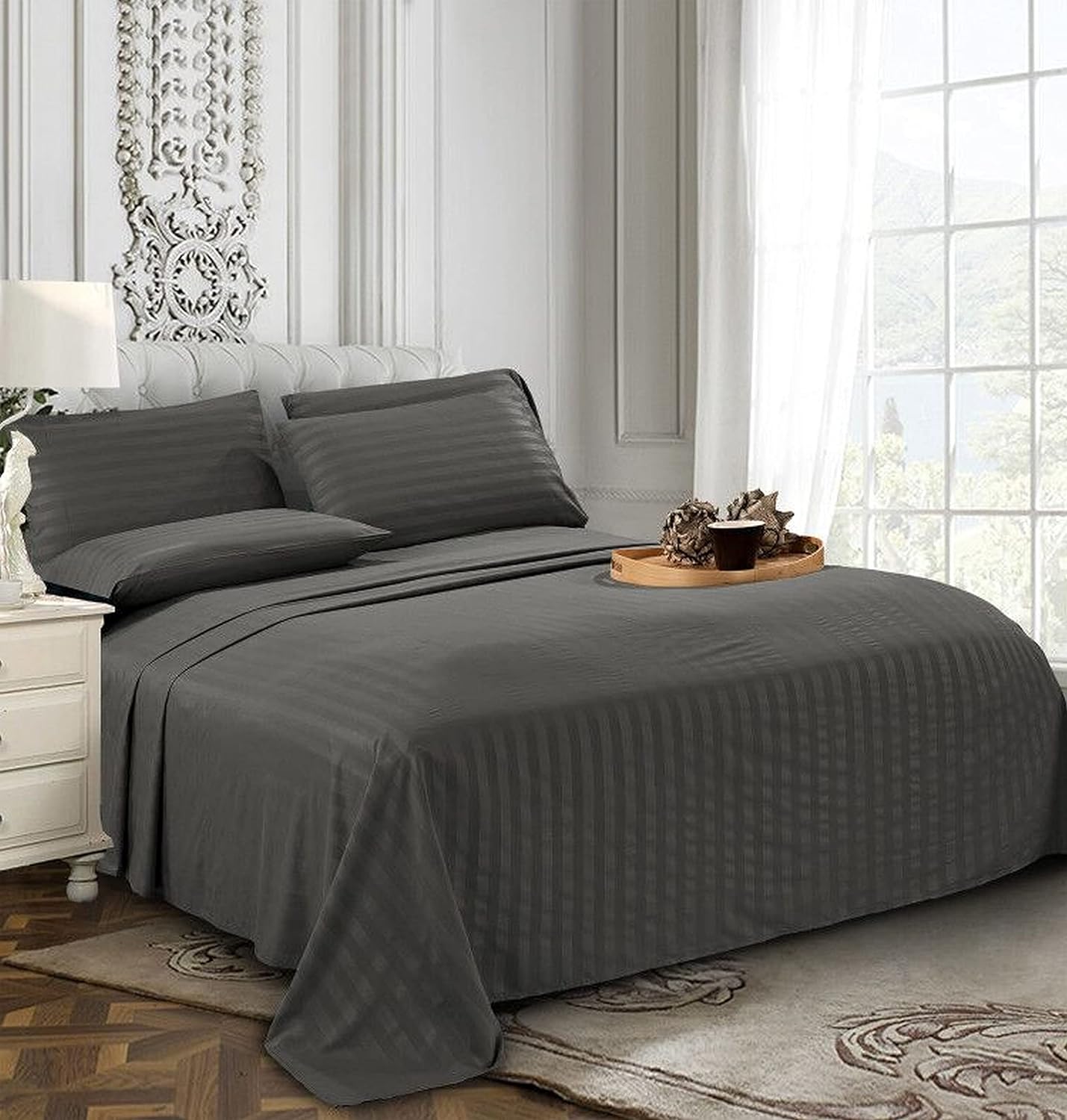 Elegant Comfort 4-Piece Damask Stripe Bed Sheet Set - Twin Grey
