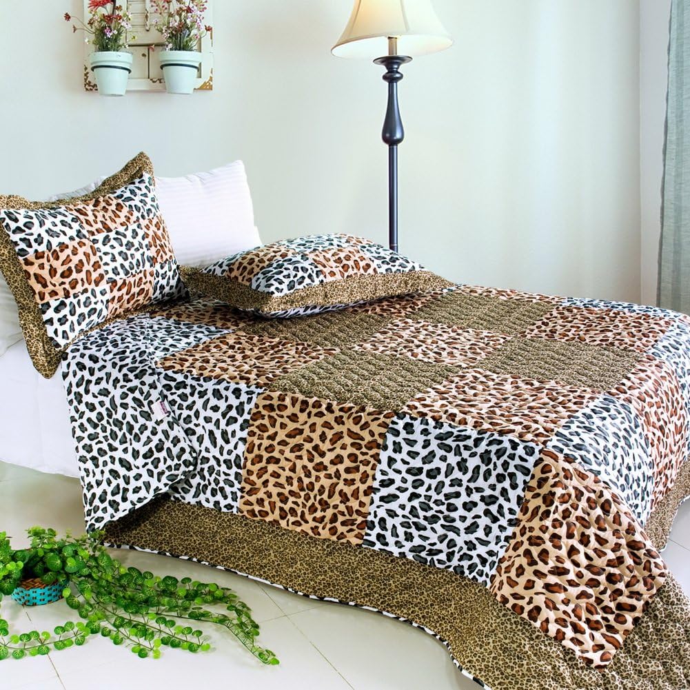 Leopard Pattern Cotton 3PC Vermicelli-Quilted Patchwork Quilt Set