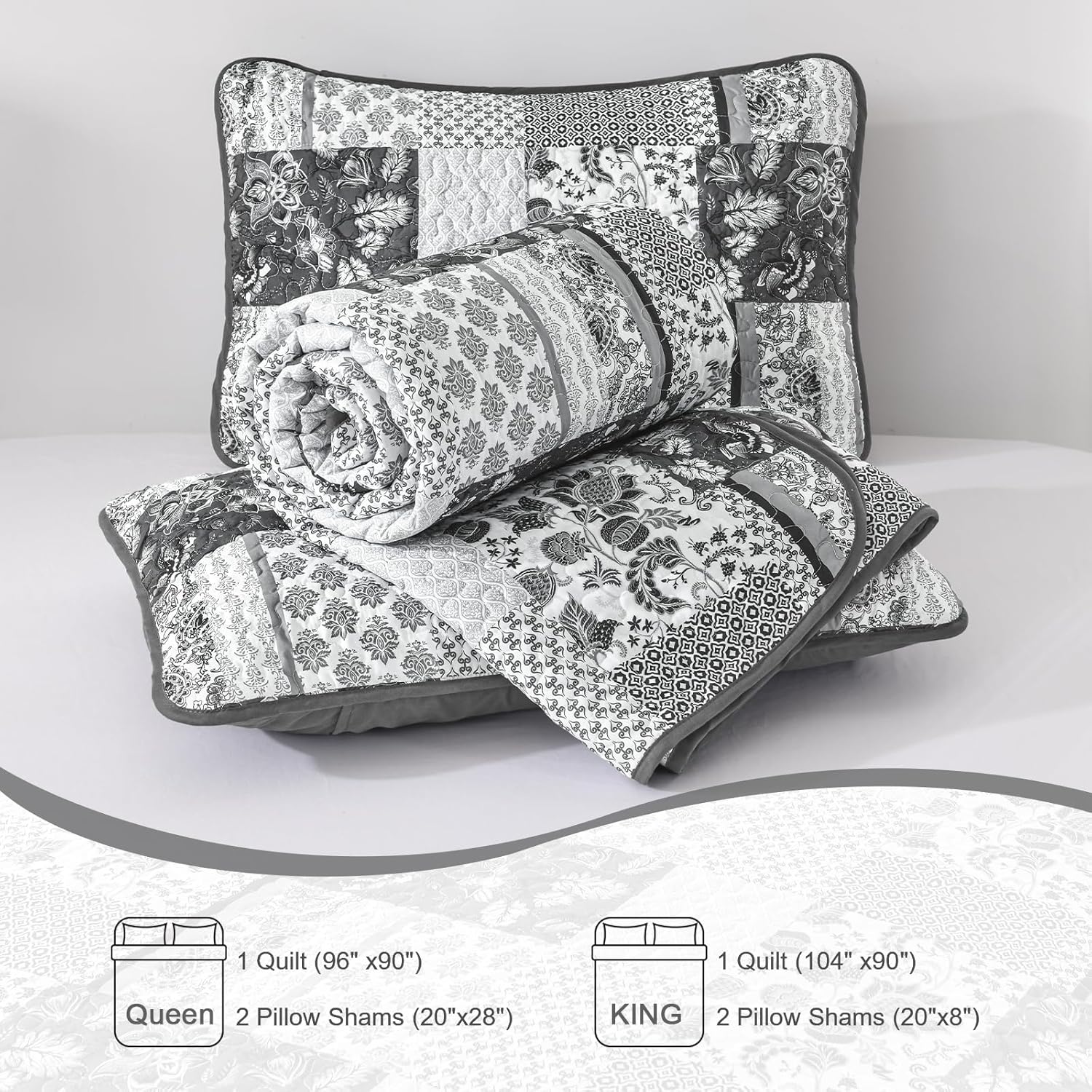WONGS BEDDING Grey Patchwork Quilt Set King Size 3 Pieces