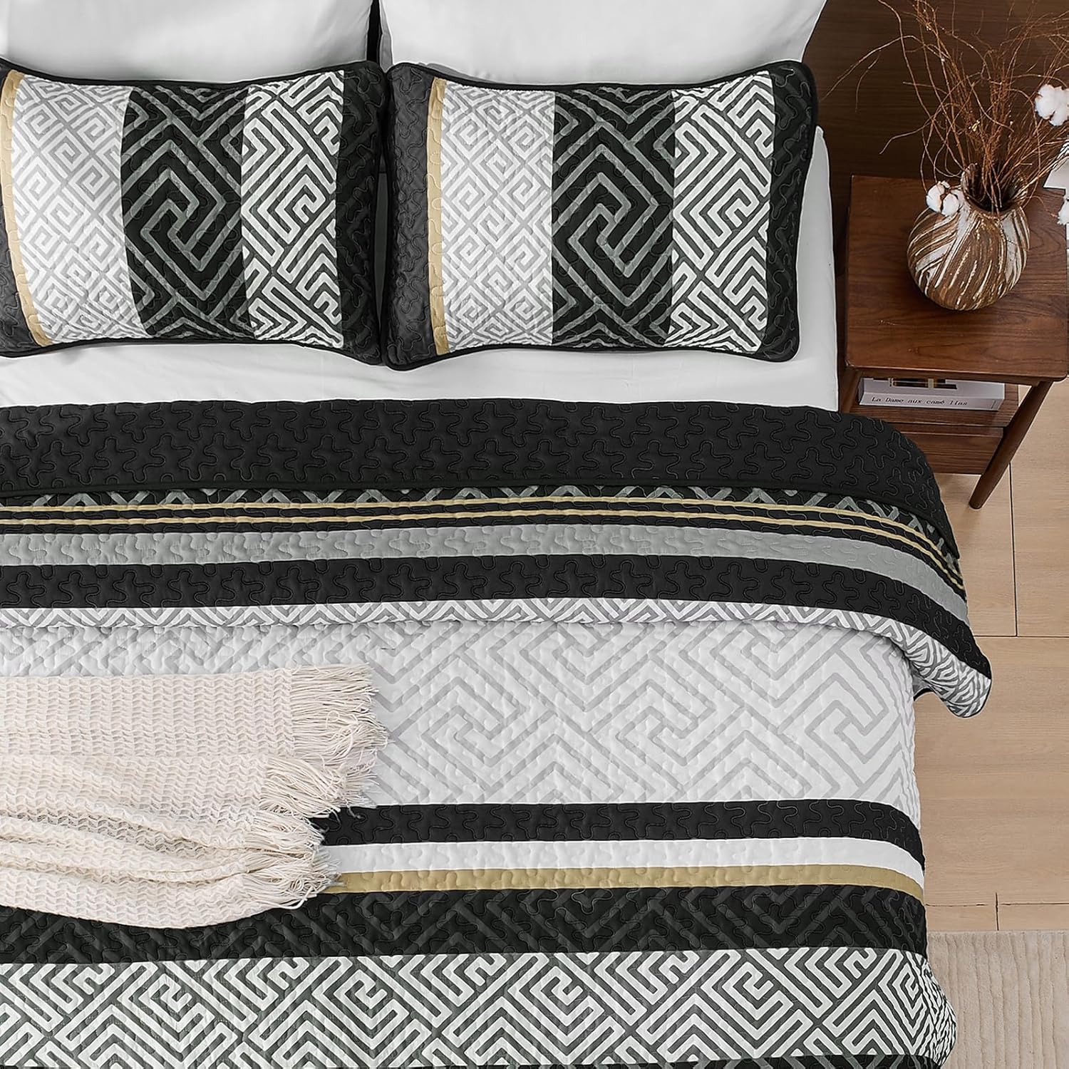 WONGS BEDDING Quilt Set Queen Size Black